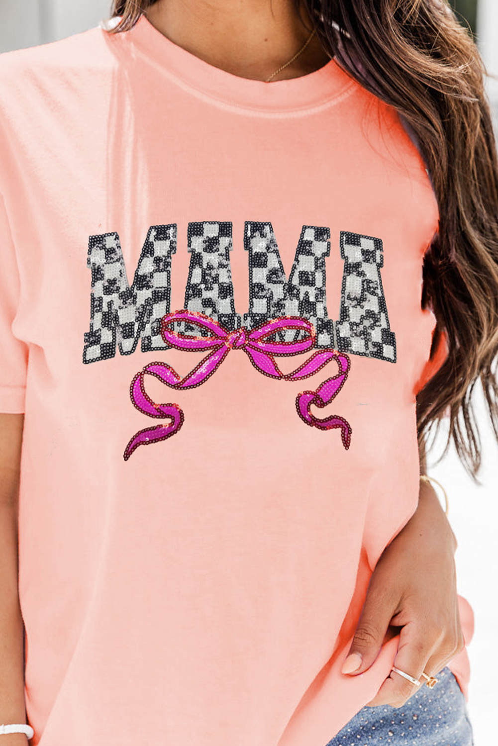 Pink Sequin Checkered MAMA Bow Graphic T Shirt - loveforevers
