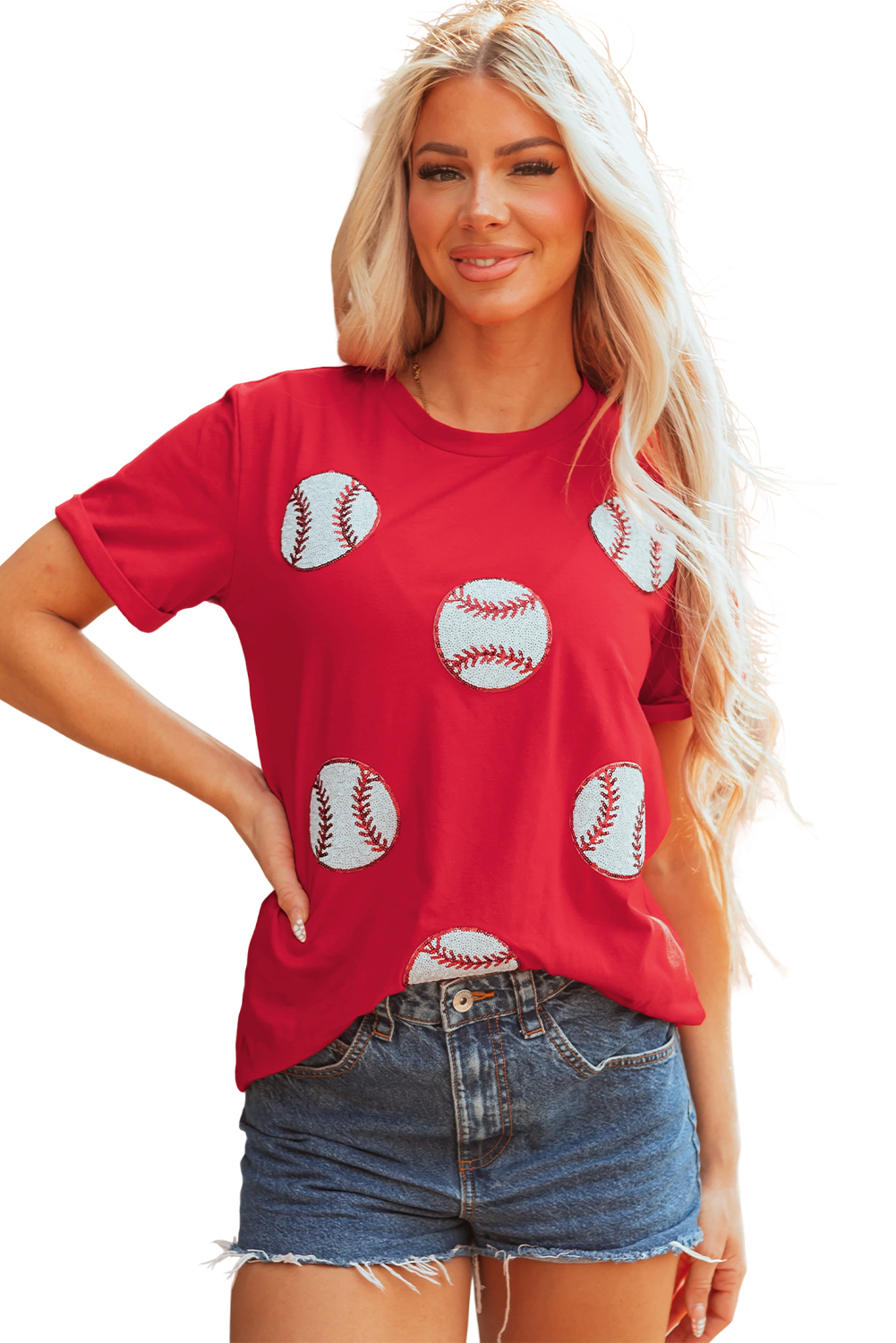 Red Glittering Rugby Pattern Crew Neck Game Day T Shirt - loveforevers