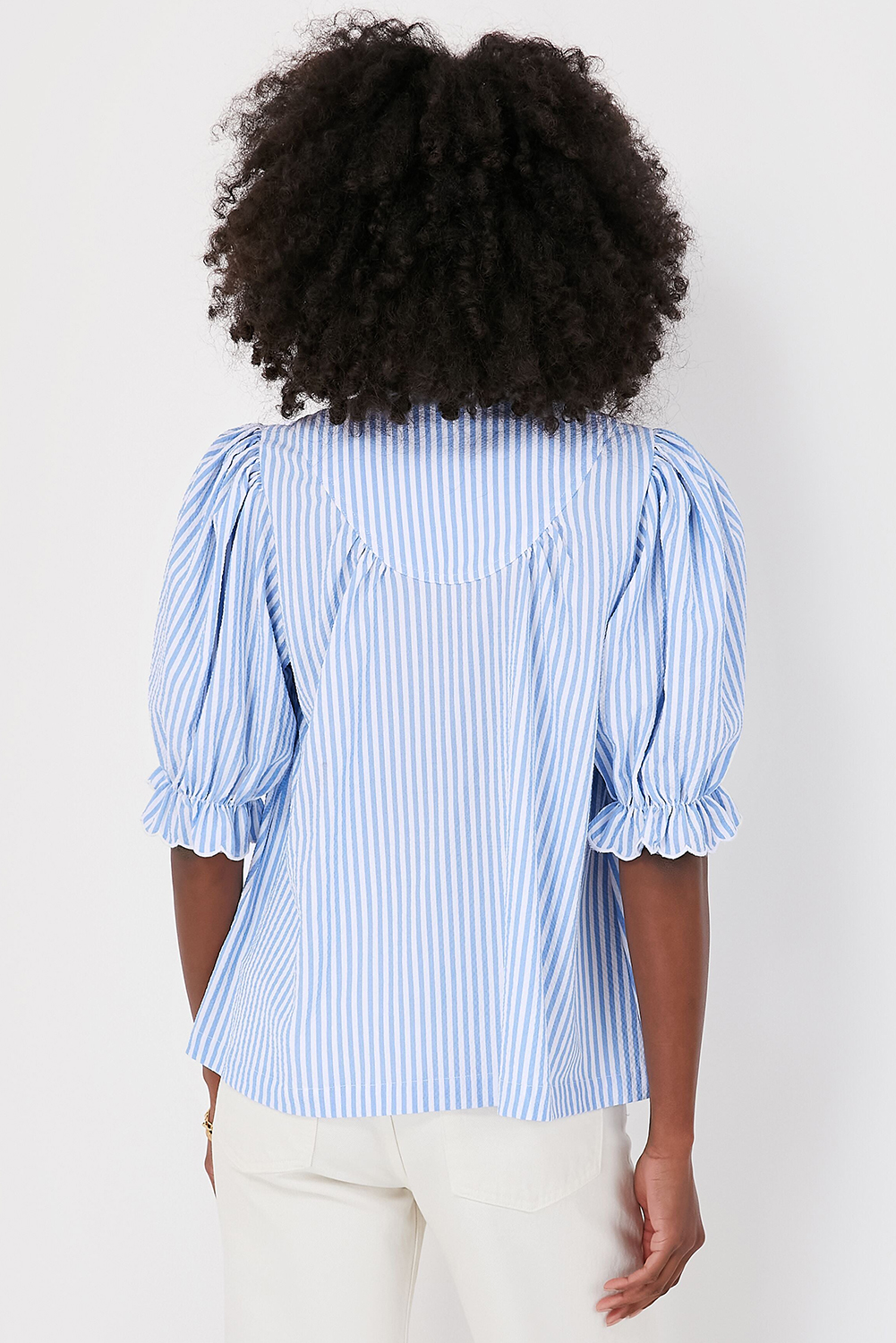 Sky Blue Stripe Ruffled Collar Puff Sleeve Half Buttons Blouse - loveforevers