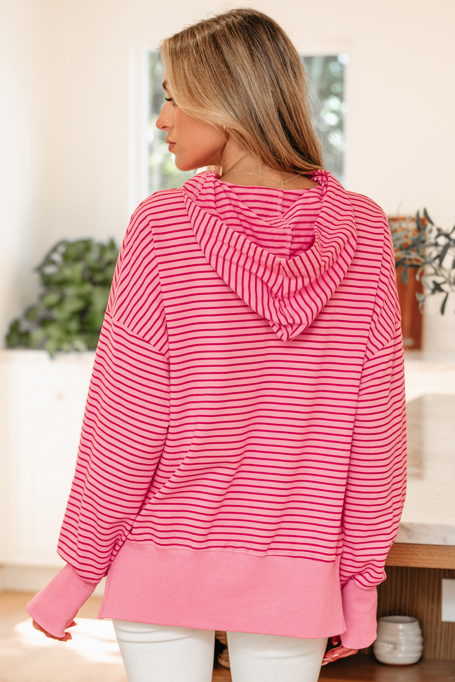 Purple Stripe Thumbhole Side Slits Drop Shoulder Loose Fit Hoodie - loveforevers