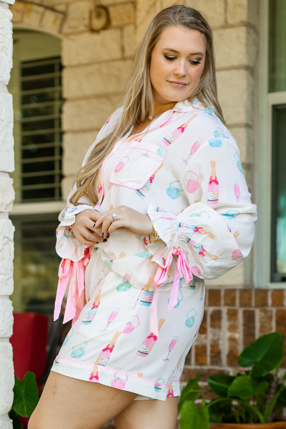 White Christmas Wine Glass Print Bow Knot Two Piece Pajama Set - loveforevers