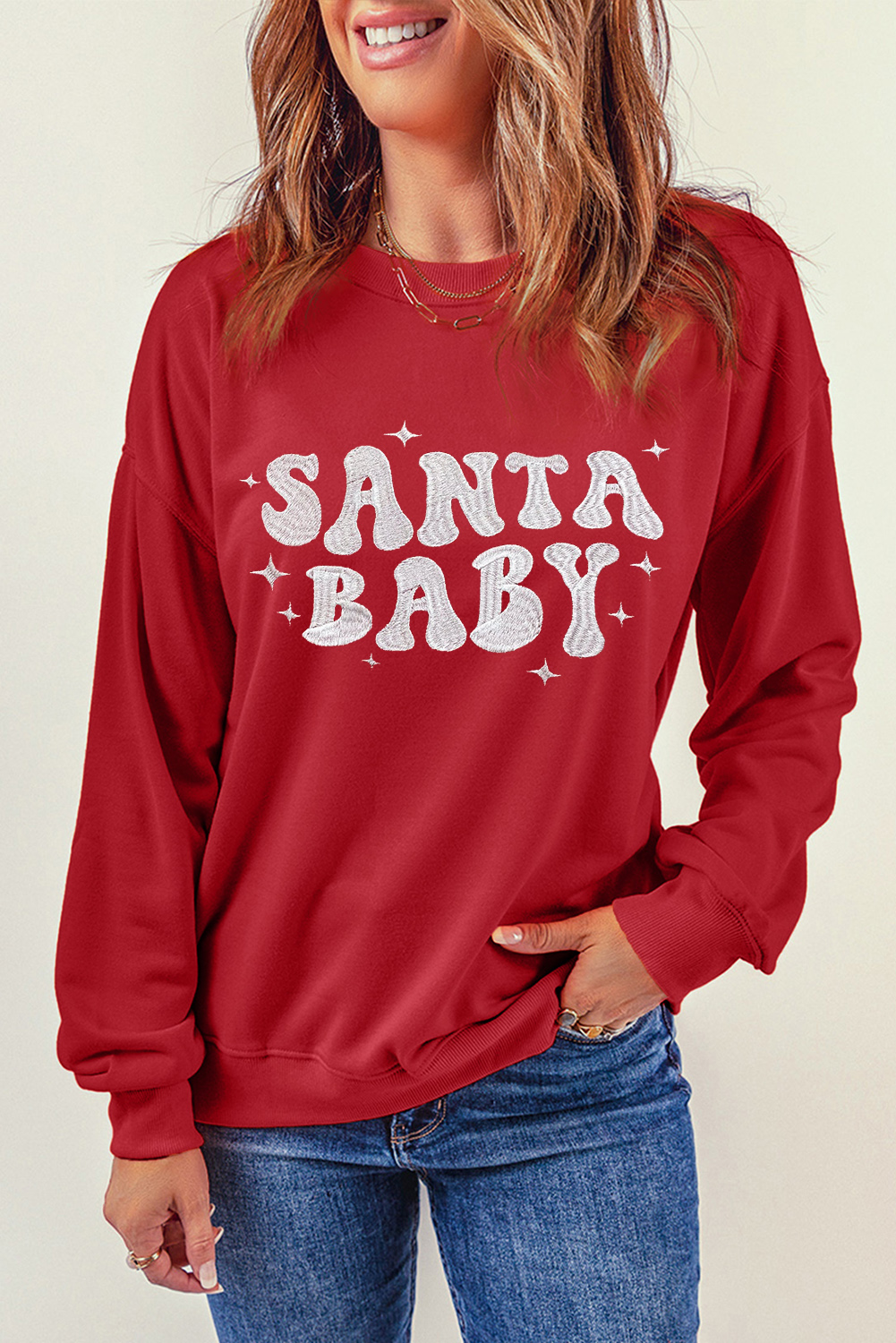Red SANTA BABY Embroidered Crewneck Christmas Sweatshirt - loveforevers