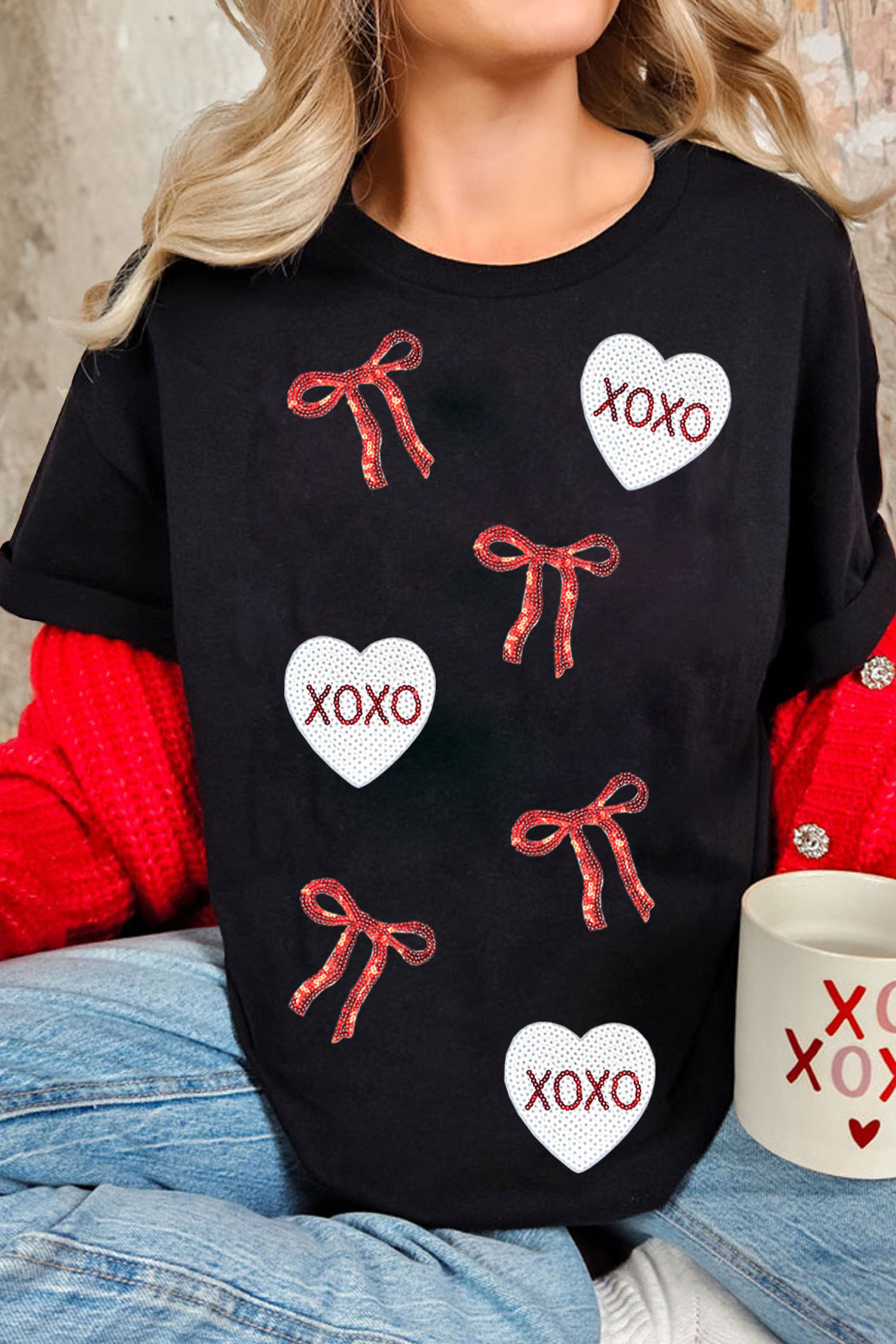 Black Valentines Bow XOXO Heart Sequin Patched Loose T Shirt - loveforevers