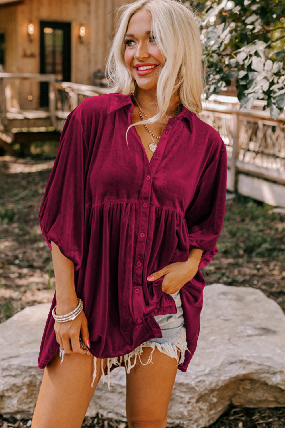 Burgundy 3/4 Sleeve Tunic Babydoll Velvet Shirt - loveforevers