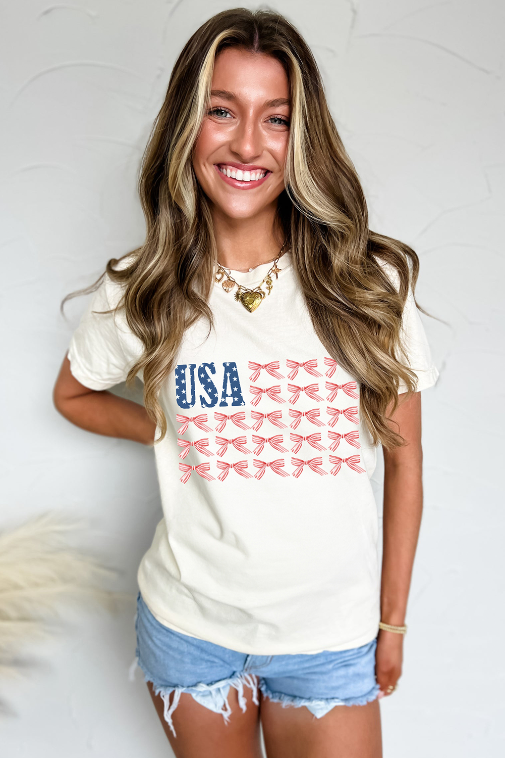 White USA Flag Bow Knot Print Round Neck T Shirt - loveforevers