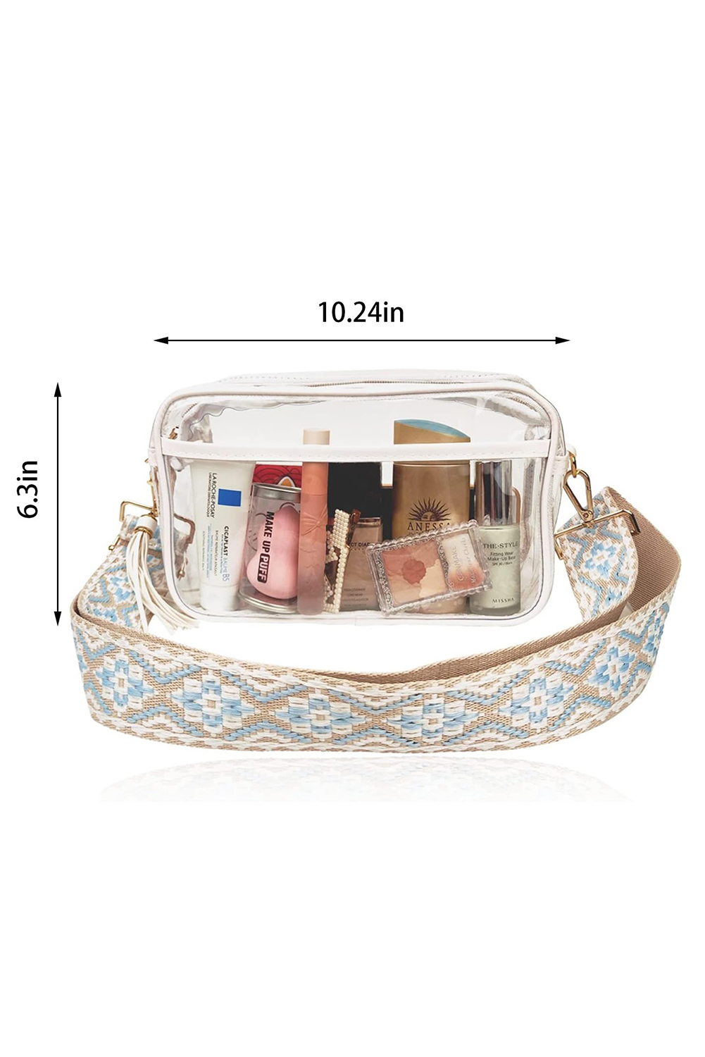 White Contrast Edge Tassel Geo Print Strap Clear Shoulder Bag - loveforevers