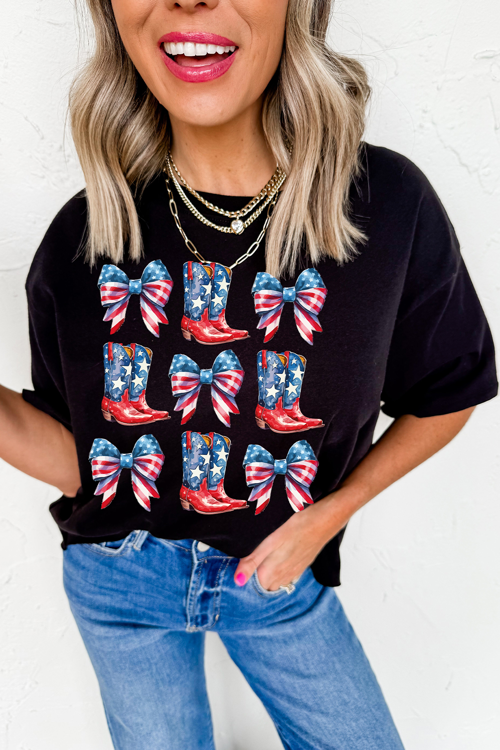 Black Stars and Stripes Bowknot Cowgirl Boots Graphic Patriotic Tee - loveforevers