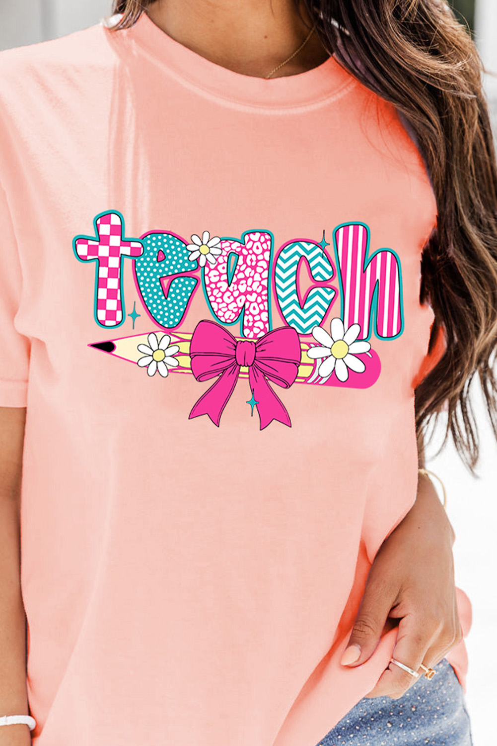 Pink Preppy Retro Checkered Coquette Teach Graphic T-Shirt - loveforevers