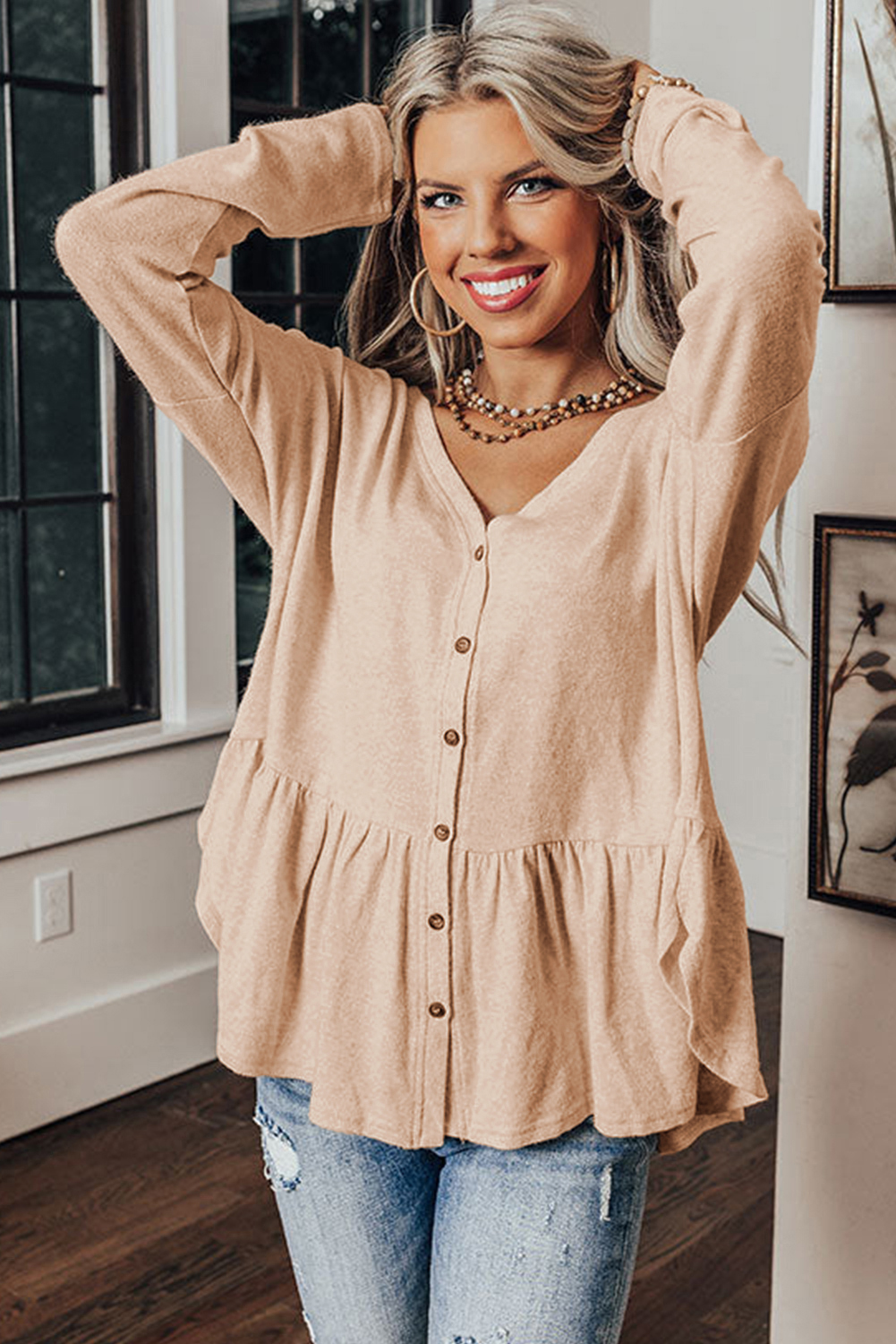 Jet Stream Ruffled V Neck Buttoned V Neck Shirt - loveforevers