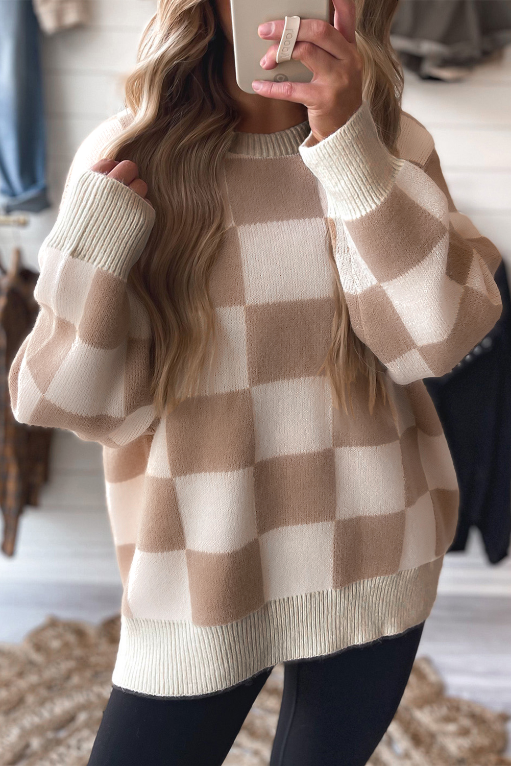 Parchment Checkered Pattern Ribbed Trim Knit Baggy Sweater - loveforevers