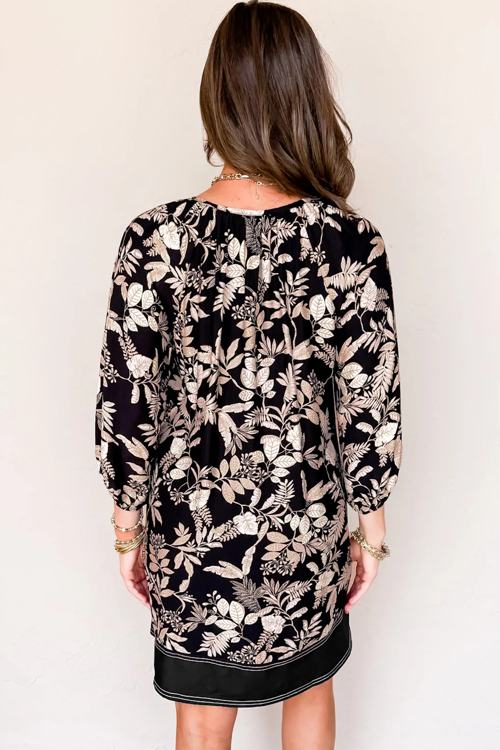 Black 3/4 Sleeve Botanical Print Split Neck Loose Mini Dress - loveforevers
