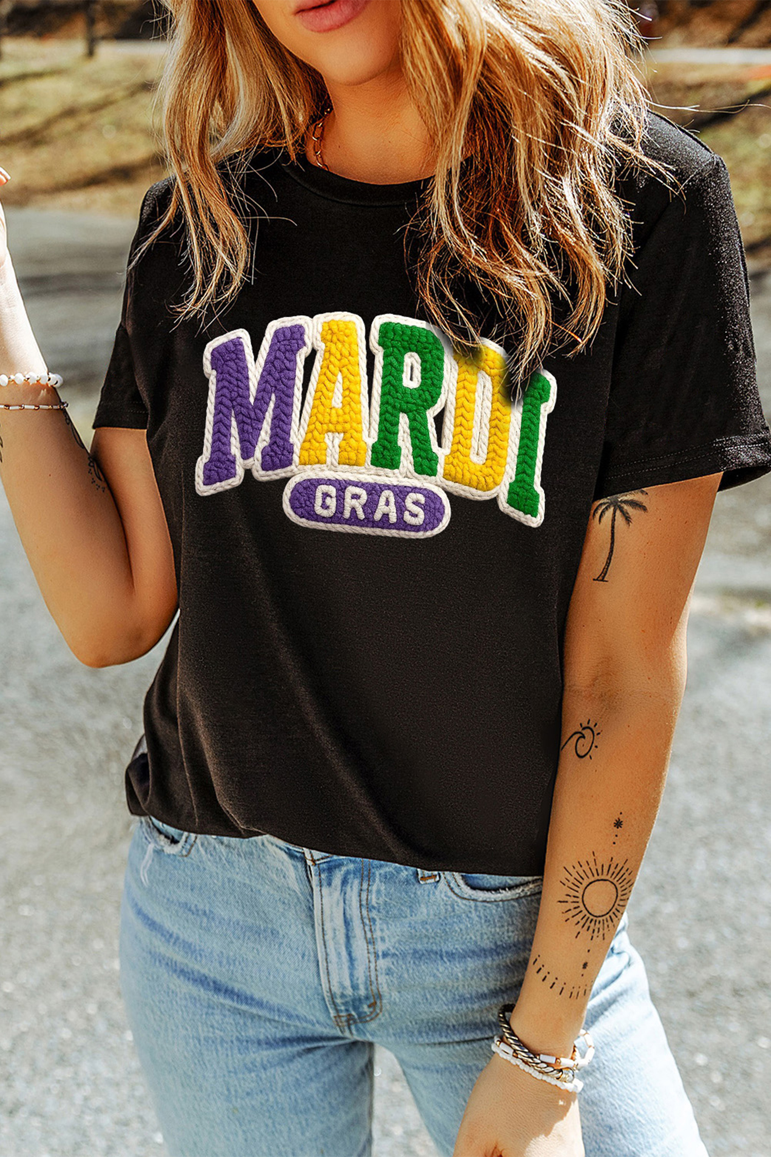 Black MARDI GRAS Faux Yarn Letter Graphic T Shirt - loveforevers