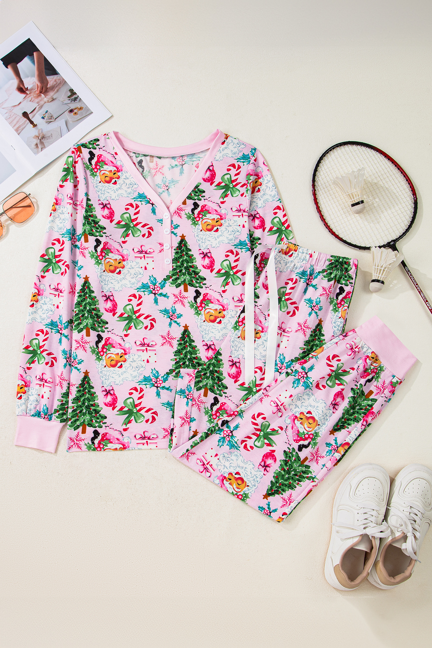White Christmas Pattern Button V Neck Pullover Drawstring Pants 2pcs Lounge Set - loveforevers