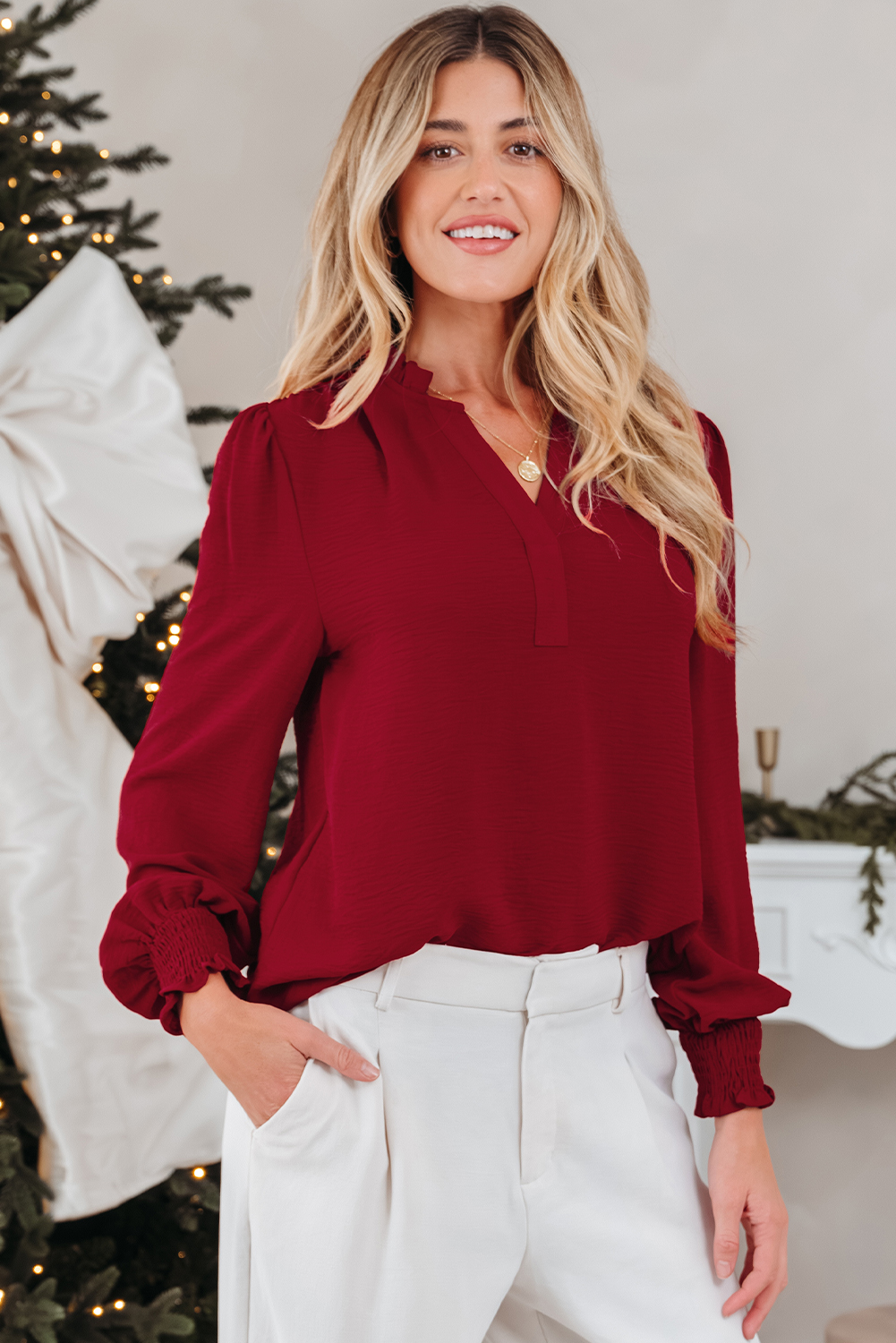 Burgundy Notched Neck Shirred Cuff Long Sleeve Blouse - loveforevers