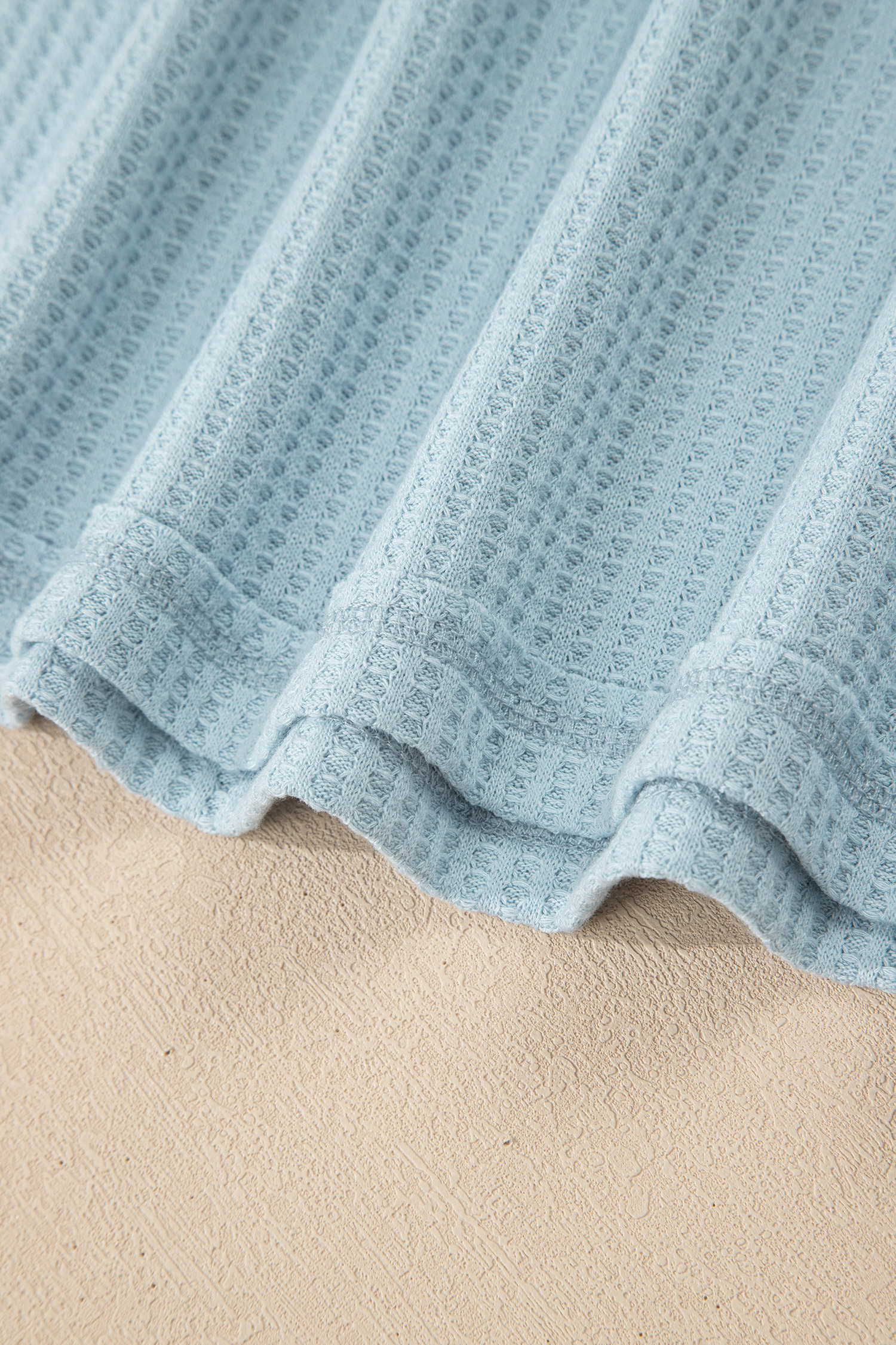 Beau Blue Floral Lace Sleeve Patchwork Waffle Fake Two-piece Top - loveforevers