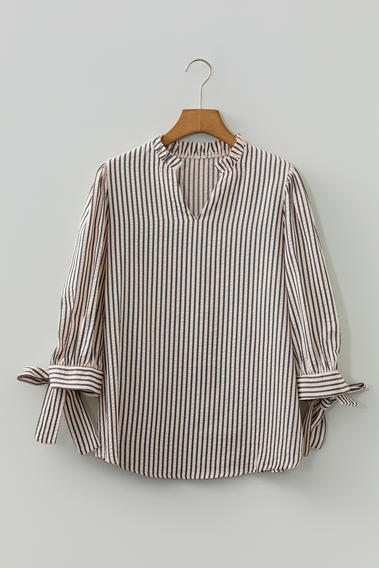 Black Stripe Knotted Cuff Long Sleeve V Neck Blouse - loveforevers