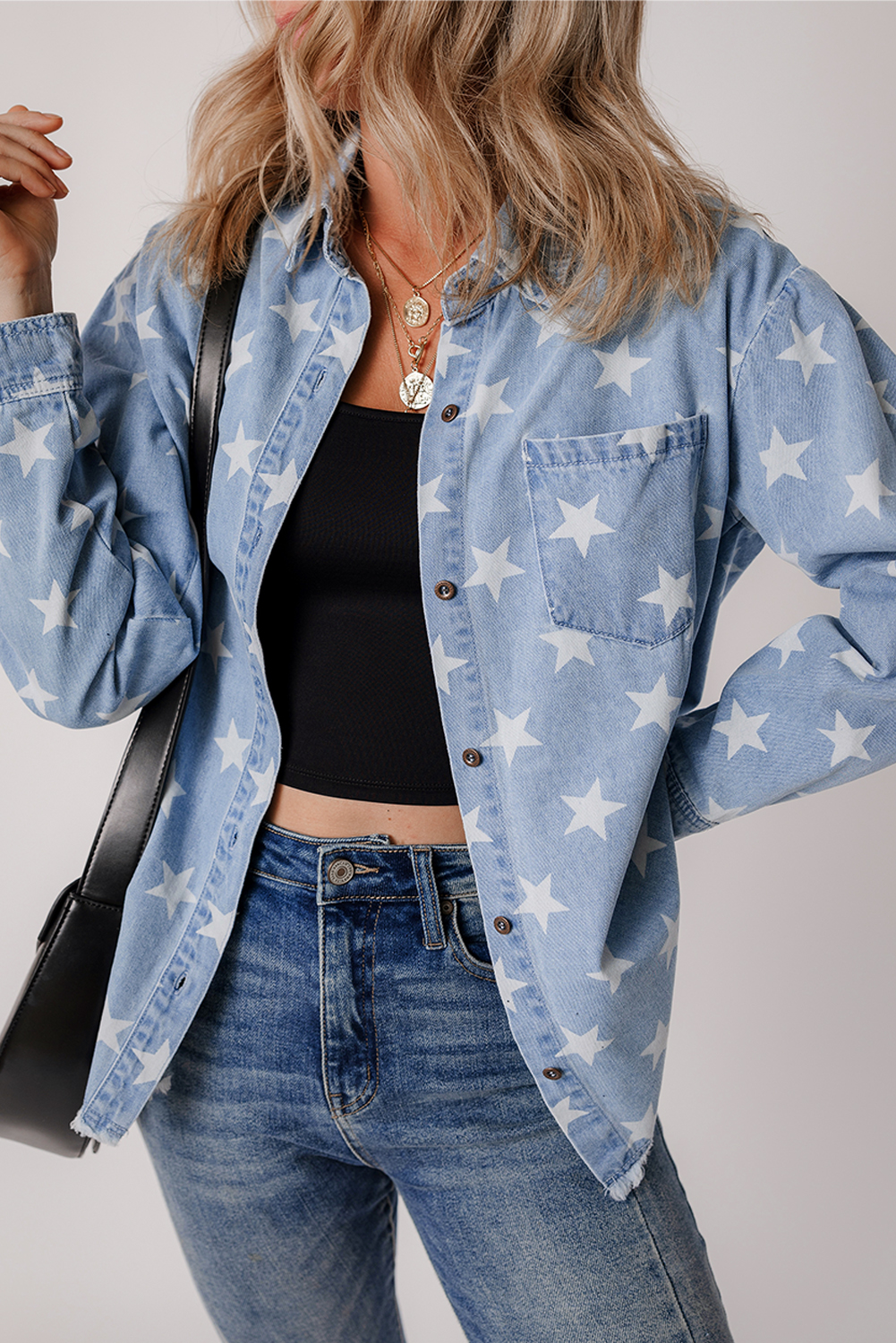 Sky Blue Star Print Light Wash Raw Hem Denim Jacket - loveforevers