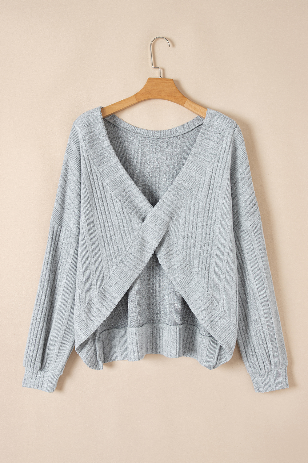 Light Grey Textured Crossover Backless Knit Long Sleeve Top - loveforevers