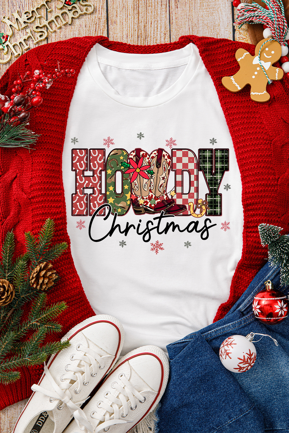 White Western HOWDY Christmas Festive Letter Printed Crew Neck T Shirt - loveforevers