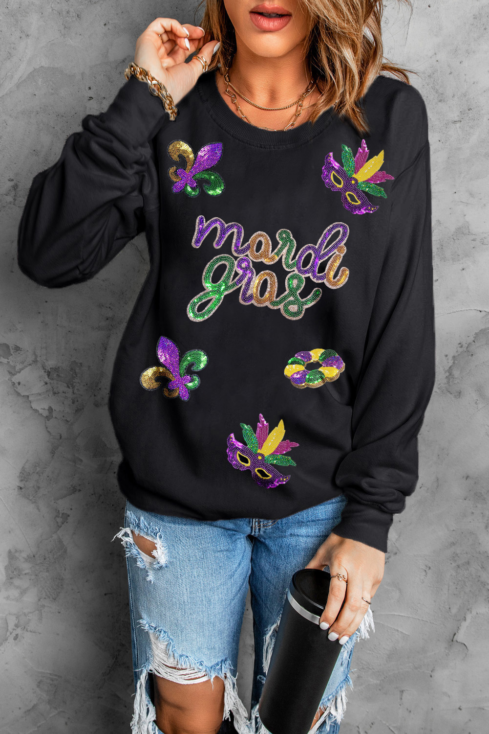 Black Sequin mardi gras Fleur de Lis Graphic Pullover Sweatshirt - loveforevers