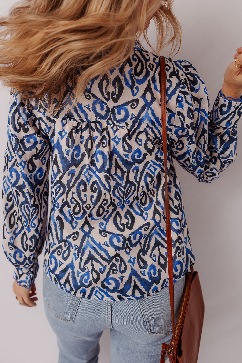 Blue Bohemian Print Embroidered V Neckline Detail Long Sleeve Shirt - loveforevers