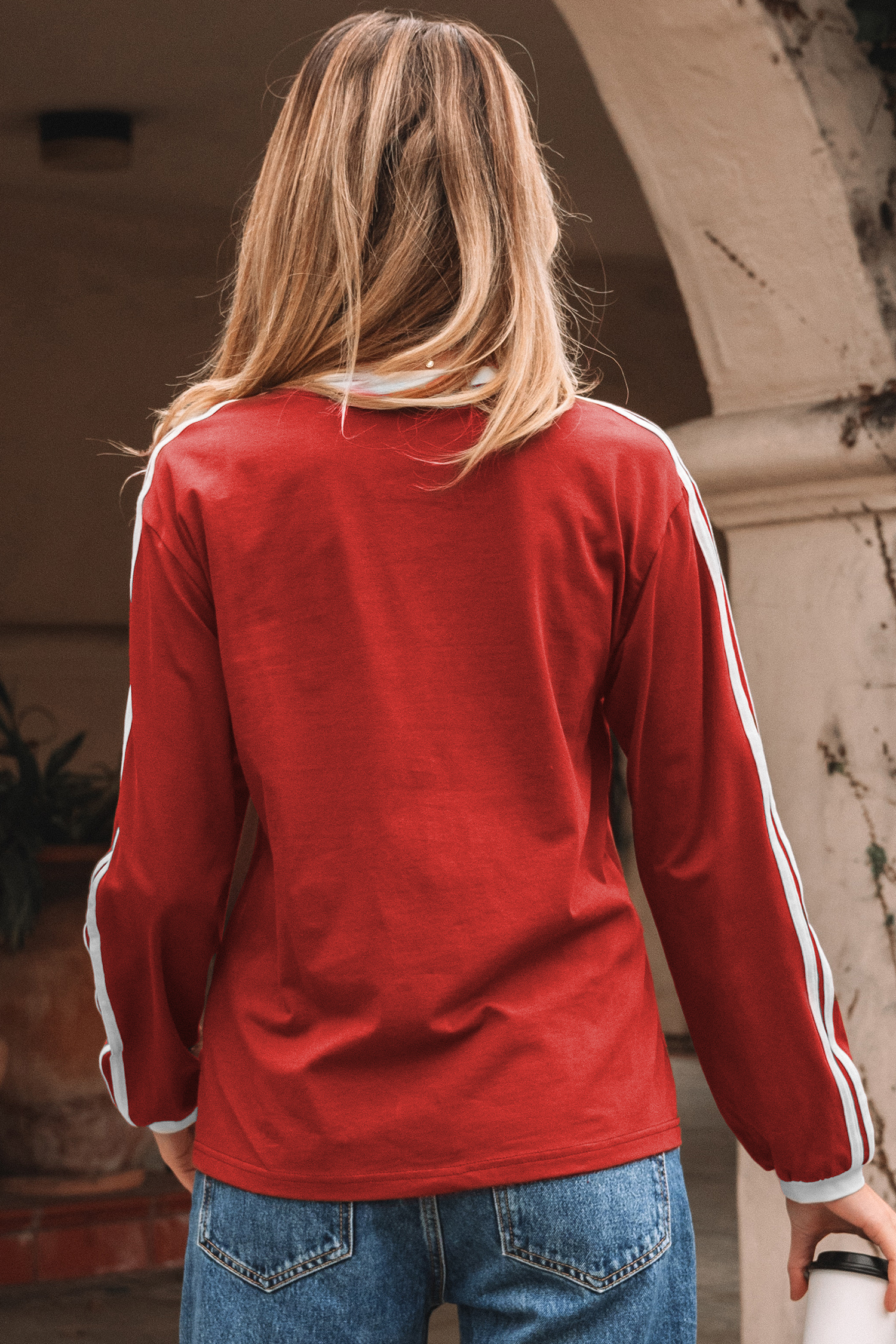 Dark Brown Varsity Striped Accent Contrast Crew Neck Long Sleeve T Shirt - loveforevers