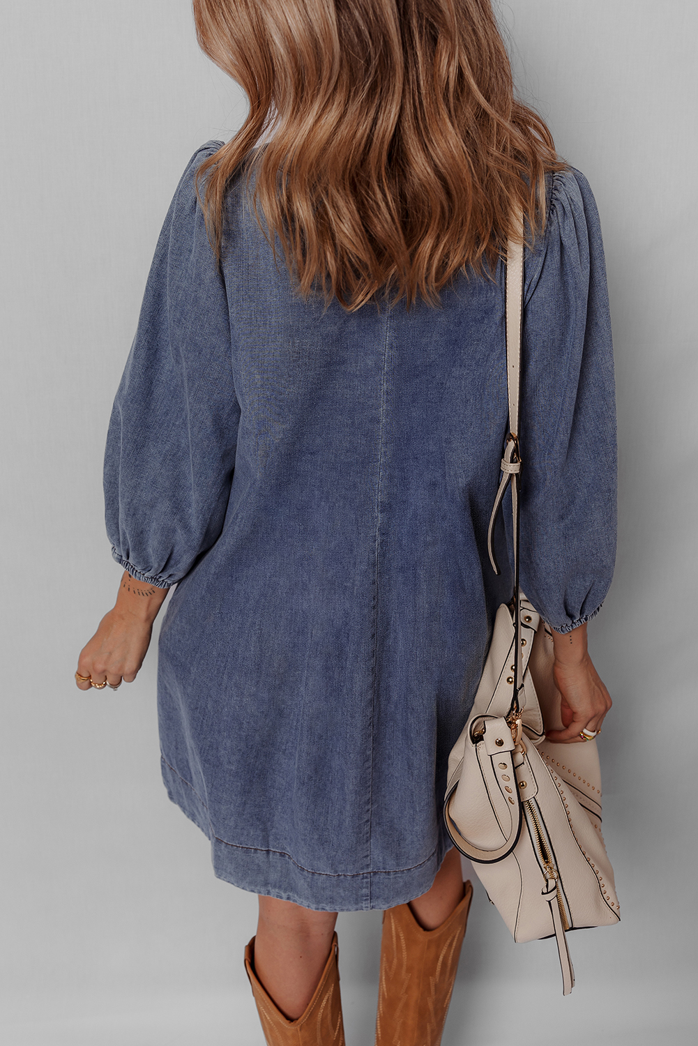 Sail Blue 3/4 Sleeve Tied V Neck Pleated Denim Mini Dress - loveforevers