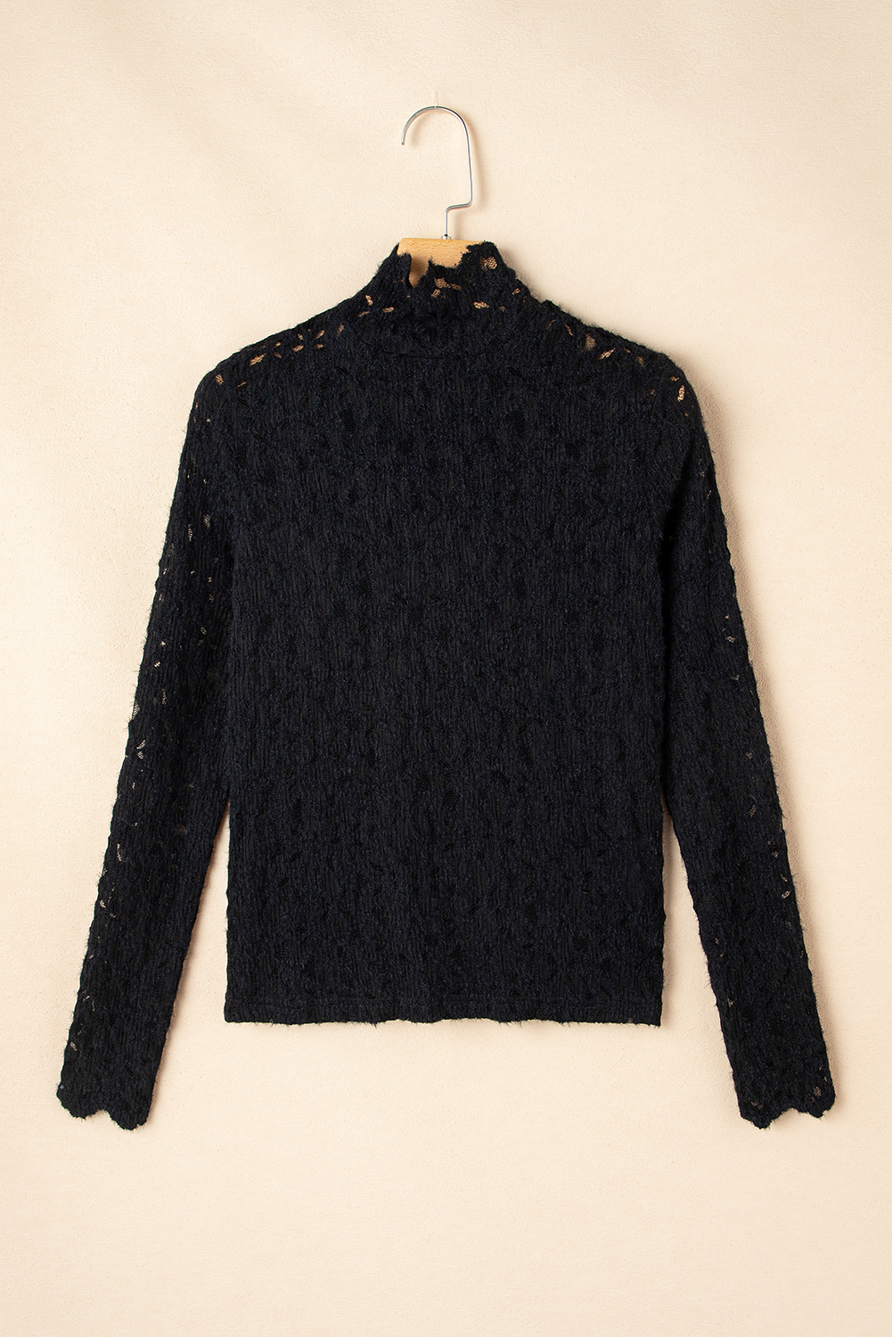 Black Flower Lace See Through Mock Neck Long Sleeve Top - loveforevers
