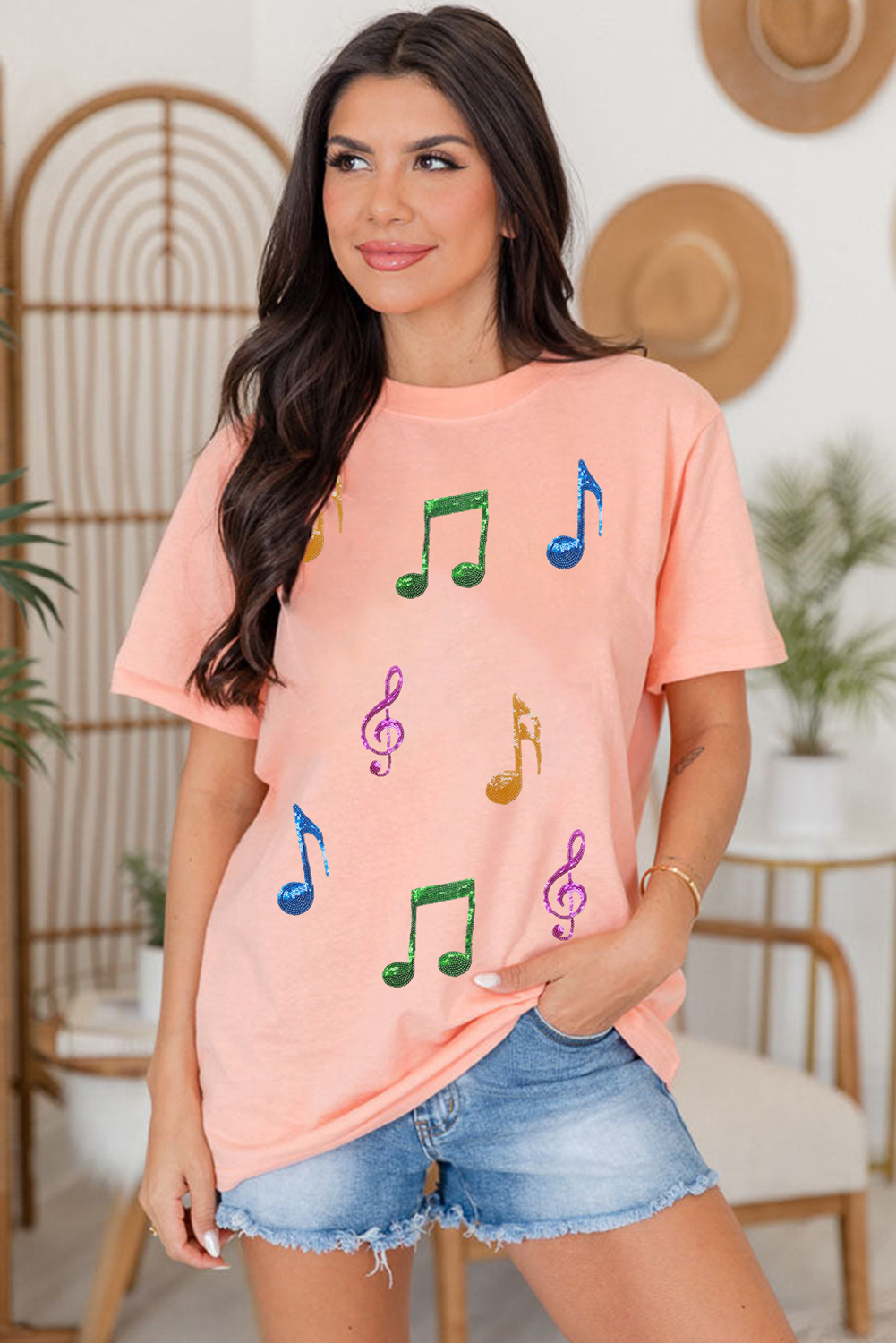 Pink Music Notes Patched Graphic Casual T Shirt - loveforevers