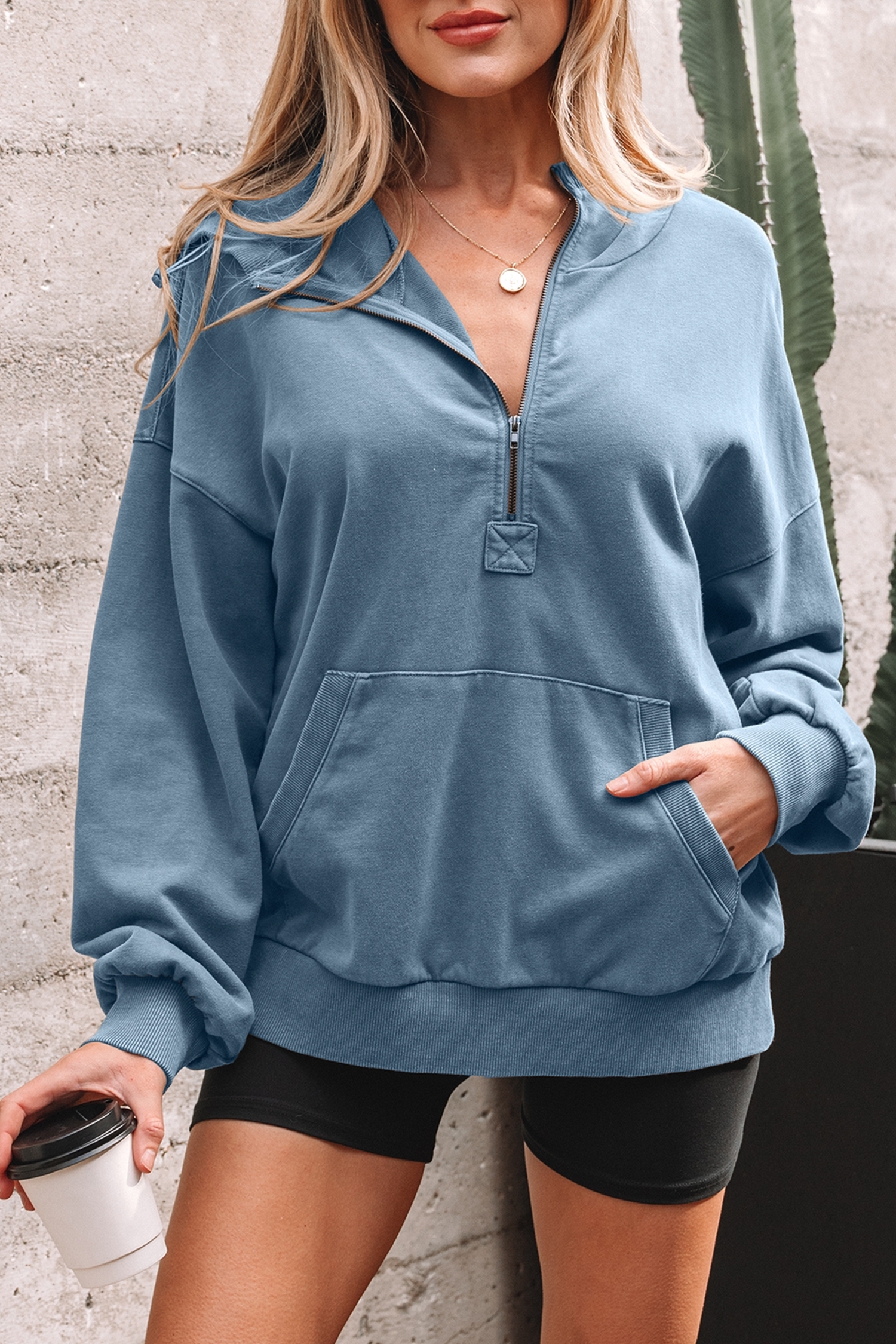 Canton Half Zip Kangaroo Pocket Mineral Wash Baggy Hoodie - loveforevers