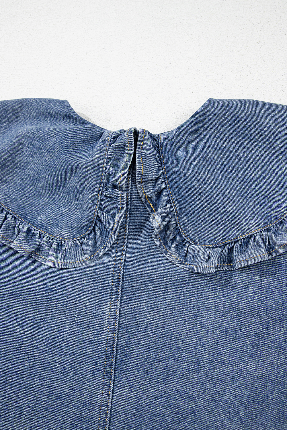 Dusk Blue Ruffled Collared Side Pockets Puff Sleeve Denim Mini Dress - loveforevers