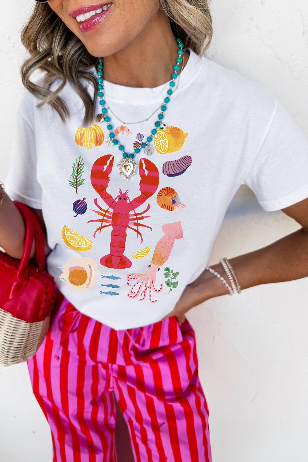 White Crawfish Food Ingredient Graphic Crewneck Tee - loveforevers