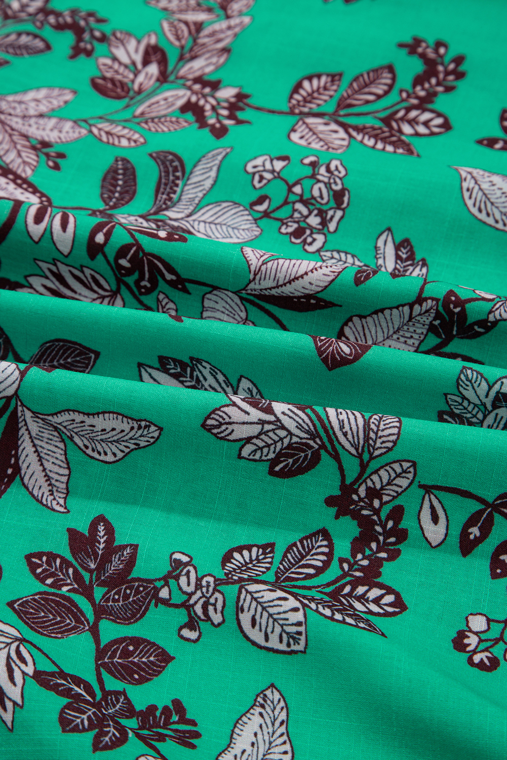 Green Leaves Print Contrast Trim V Neck Shirred Puff Sleeve Blouse - loveforevers