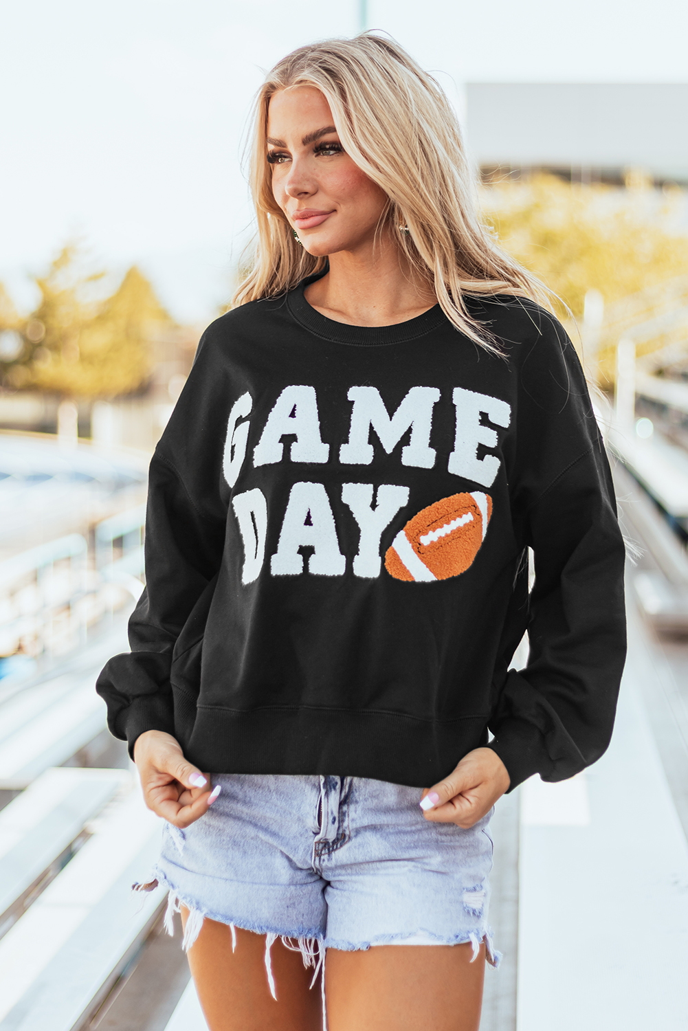 Black GAME DAY Graphic Varsity Pullover Sweatshirt - loveforevers