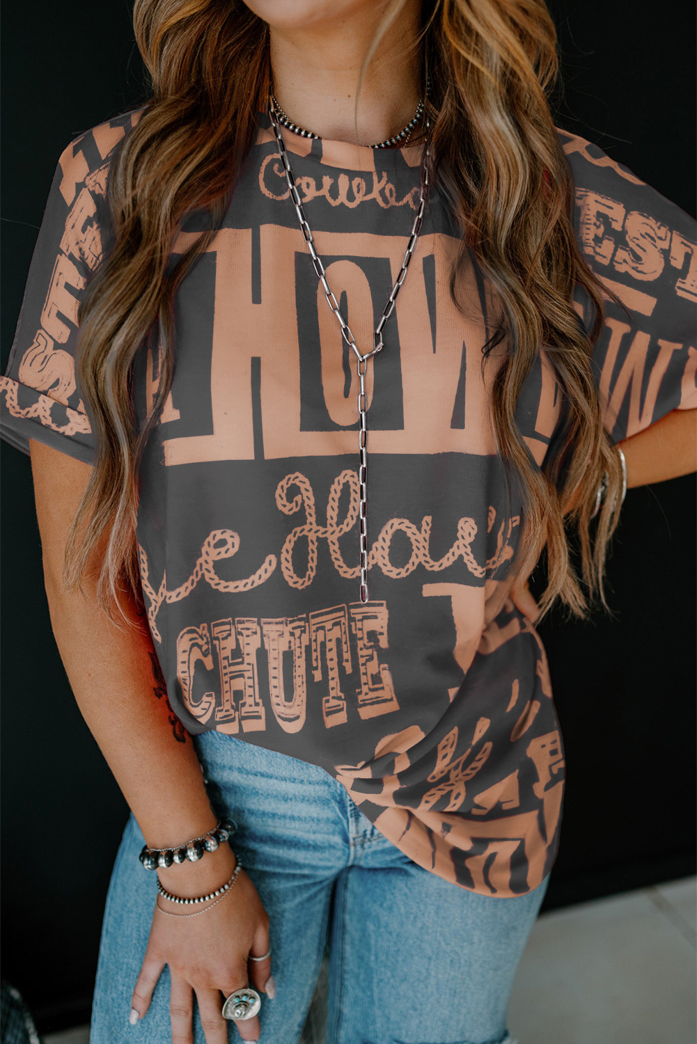 Dark Grey Howdy Cowboy Letter Printed Western Fashion Tee - loveforevers