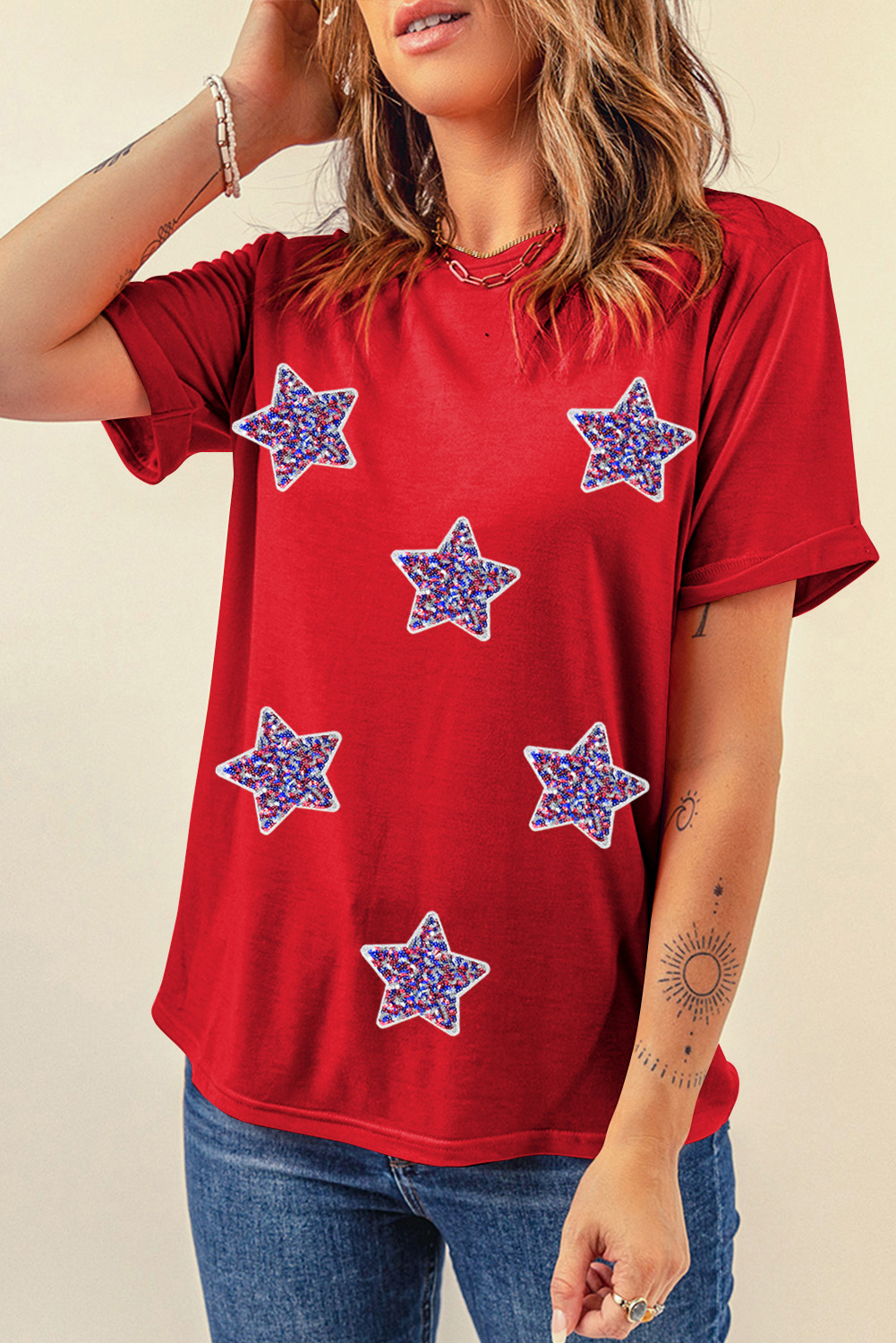Red July 4th Fashion Sequin Star Graphic T Shirt - loveforevers
