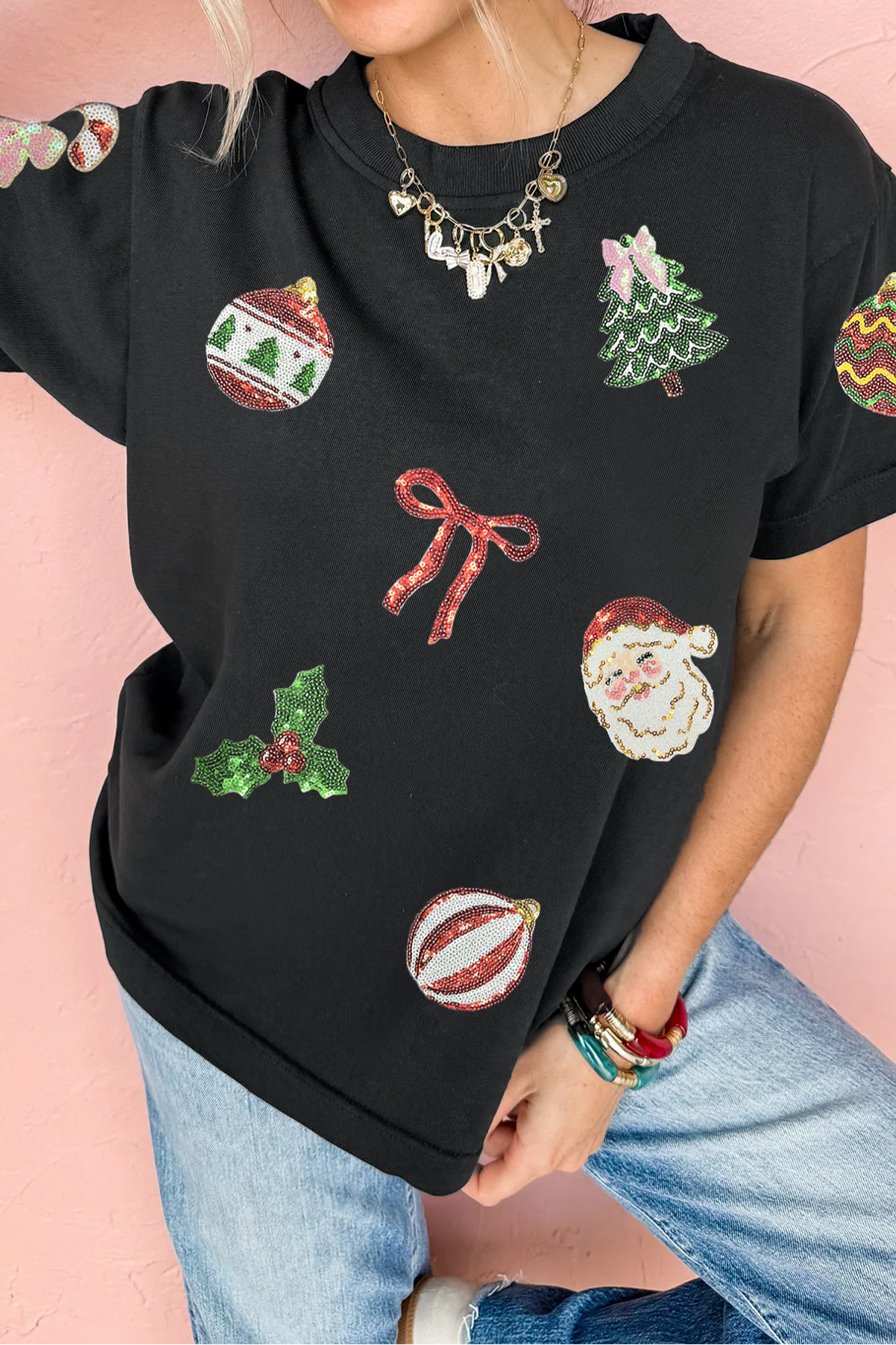Black Multi Christmas Element Sequin Patched Graphic Tee - loveforevers