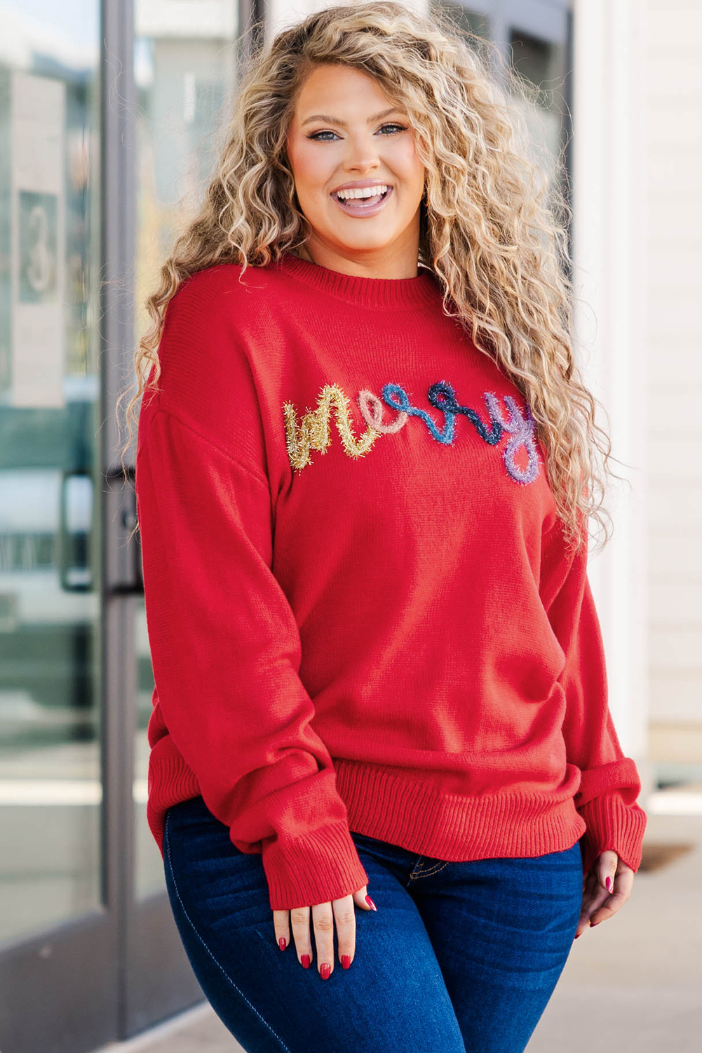Fiery Red Tinsel Merry Letter Drop Shoulder Baggy Sweater - loveforevers