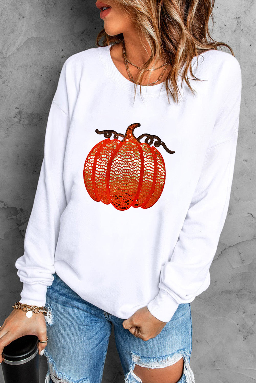 White Sequin Pumpkin Patched Casual Pullover Graphic Sweatshirt - loveforevers