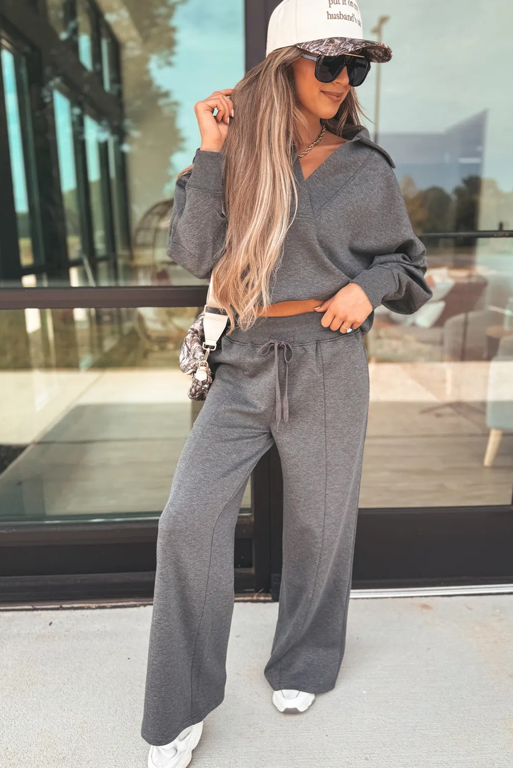 Bristol Black Collared V Neck Pullover Sweatshirt Sweatpants Set - loveforevers