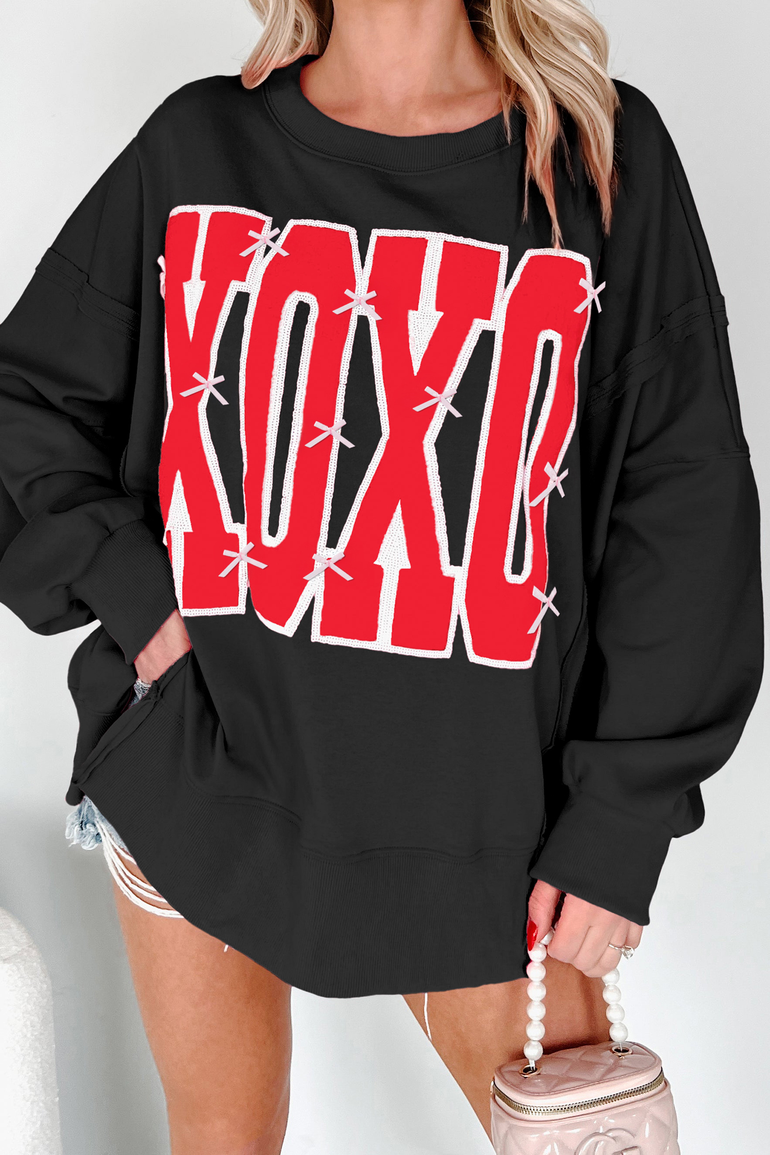White Bow Sequin XOXO Letter Graphic Exposed Seam Baggy Sweatshirt - loveforevers
