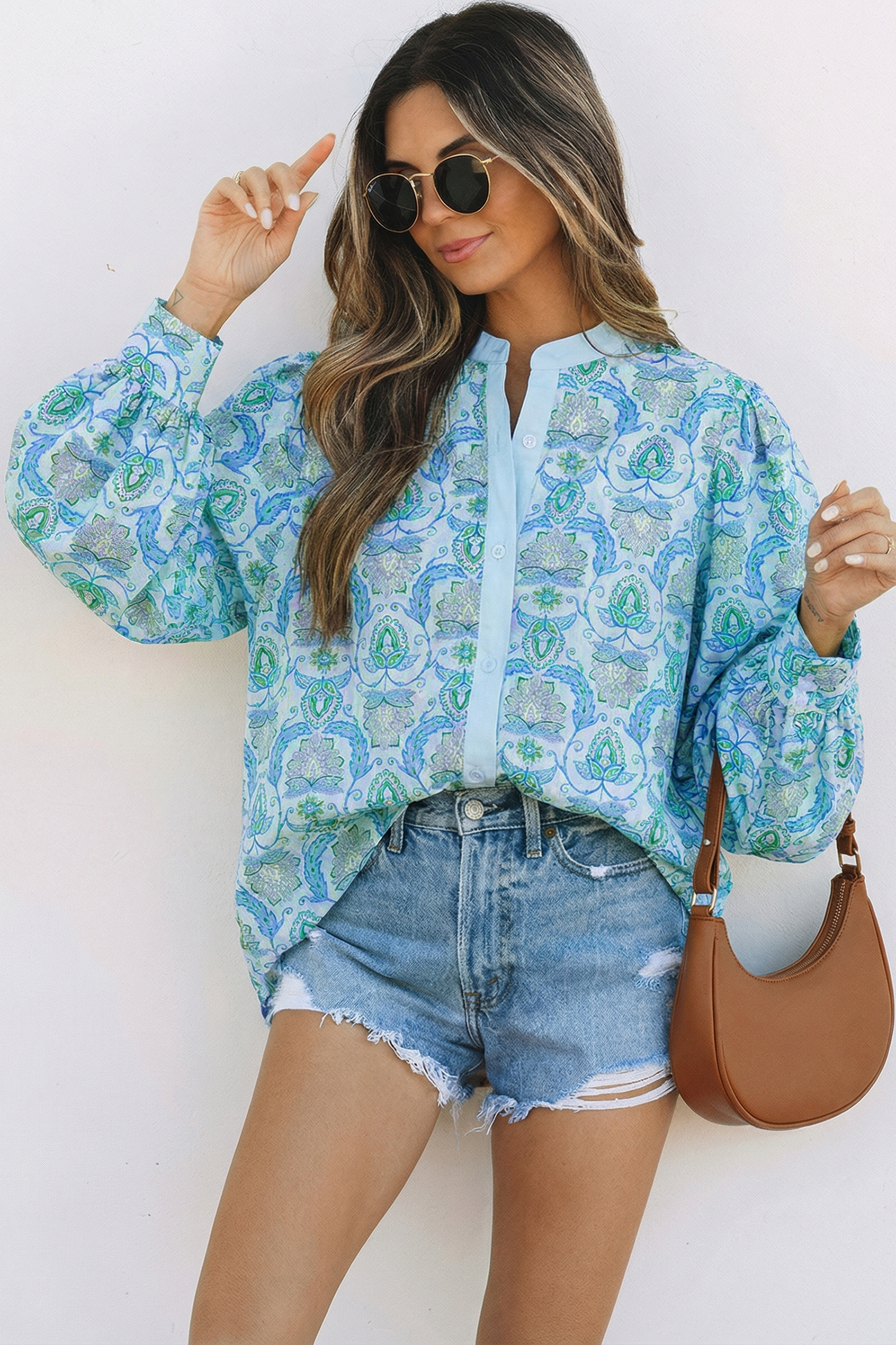 Sky Blue Paisley Print Puff Sleeve Loose Shirt - loveforevers