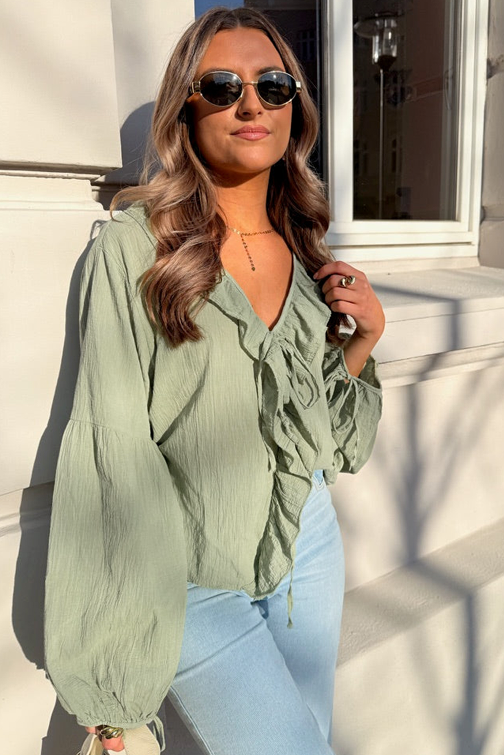 Meadow Mist Green Bow Tie Front Ruffle Trim V Neck Long Sleeve Gauze Blouse - loveforevers