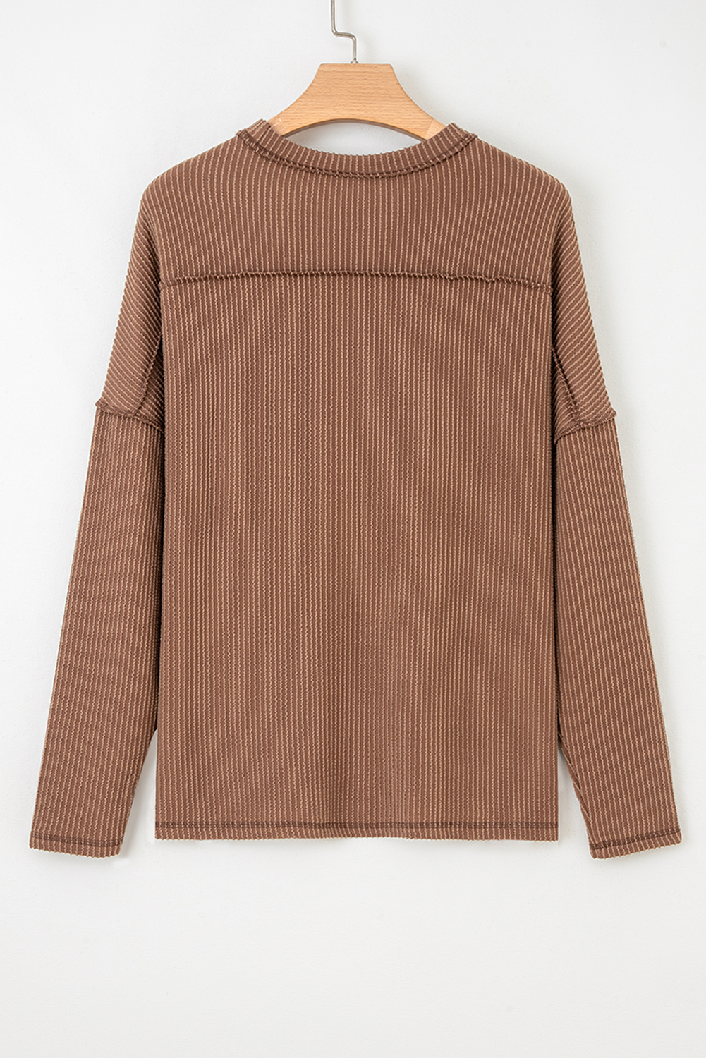 Dark Khaki Twist Ribbed Exposed Seam Detail Long Sleeve Loose Top - loveforevers