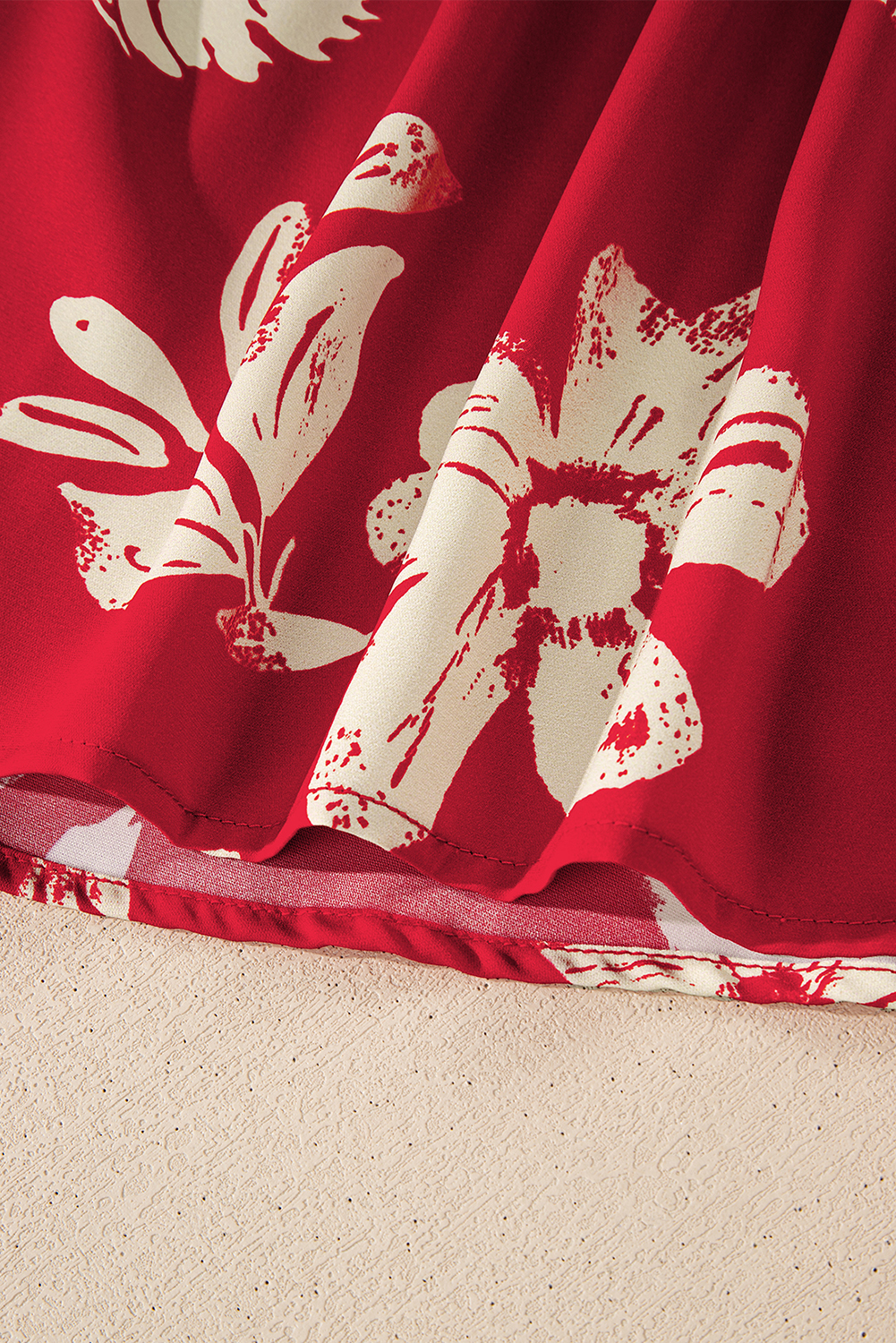 Red Contrast Tied Neck Shirred Puff Sleeve Flower Blouse - loveforevers