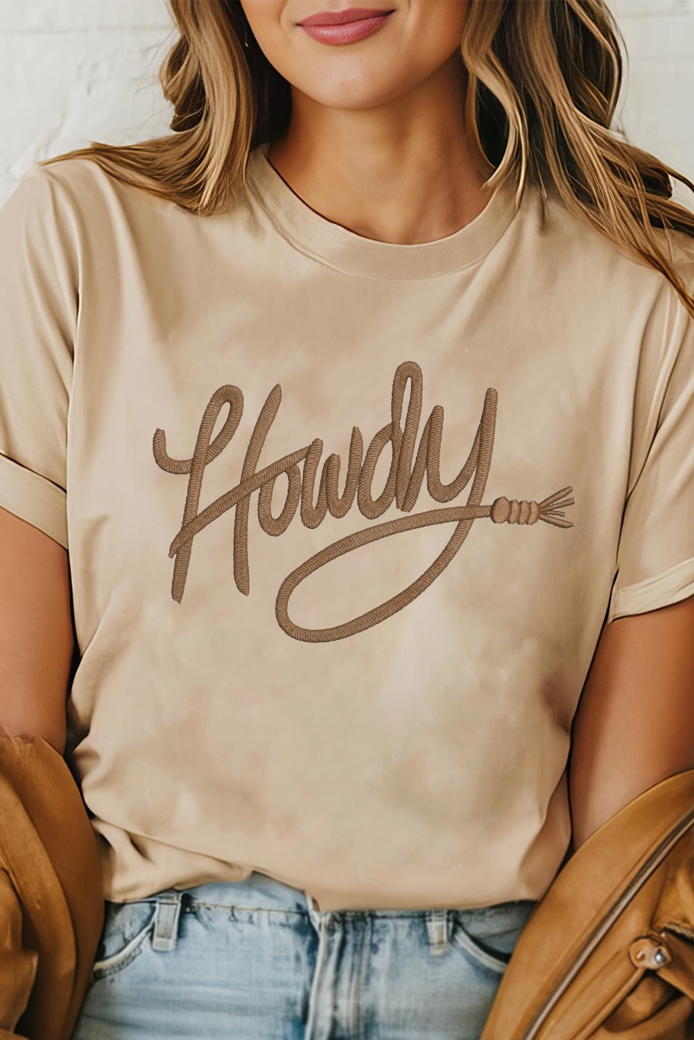 Khaki Howdy Embroidered Graphic Western Tee - loveforevers
