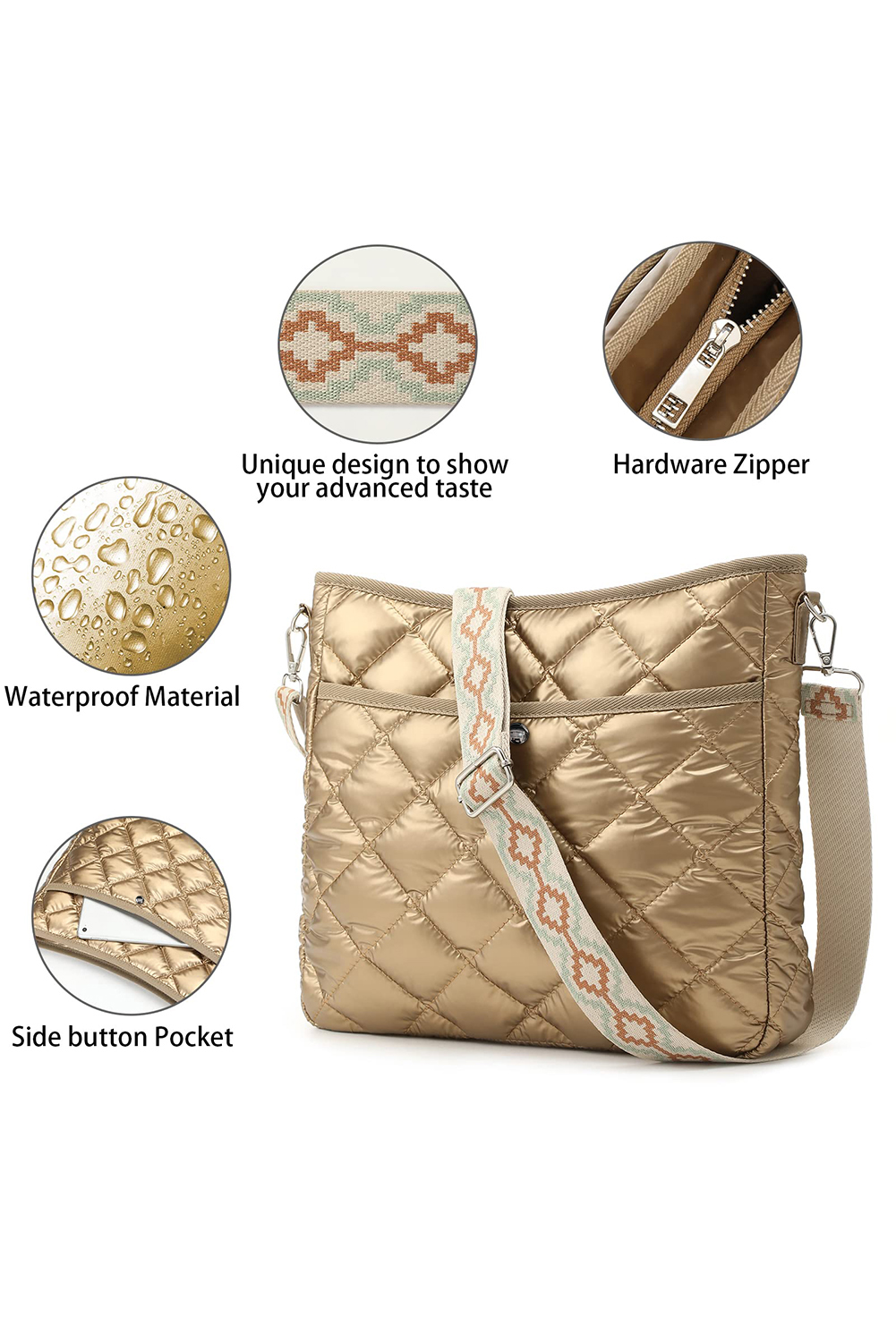 Gold Quilted Large Capacity Shoulder Bag - loveforevers