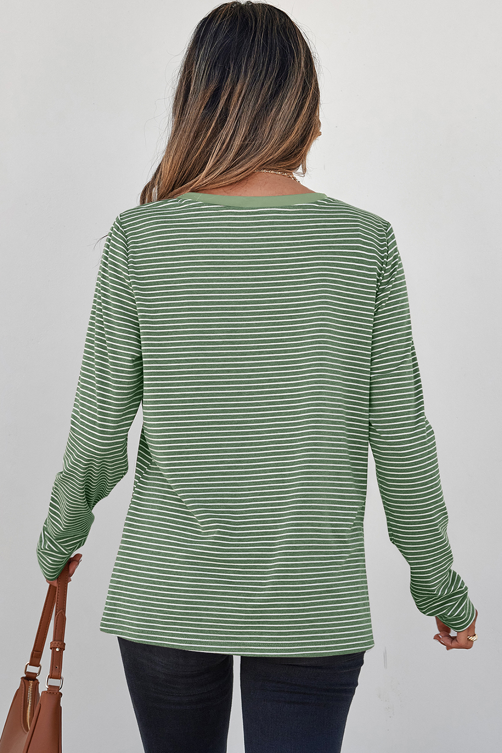 Green Stripe V Neck Stretchy Long Sleeve Top - loveforevers