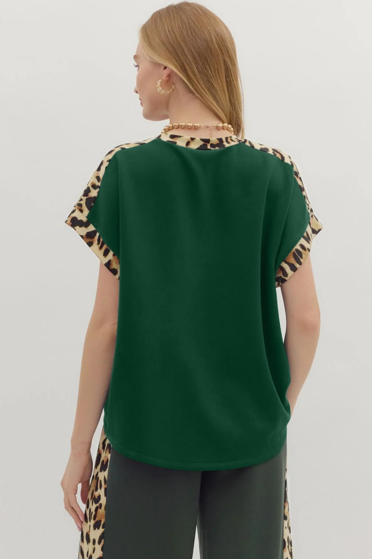Sea Green Leopard Trim Round Neck Loose T Shirt - loveforevers
