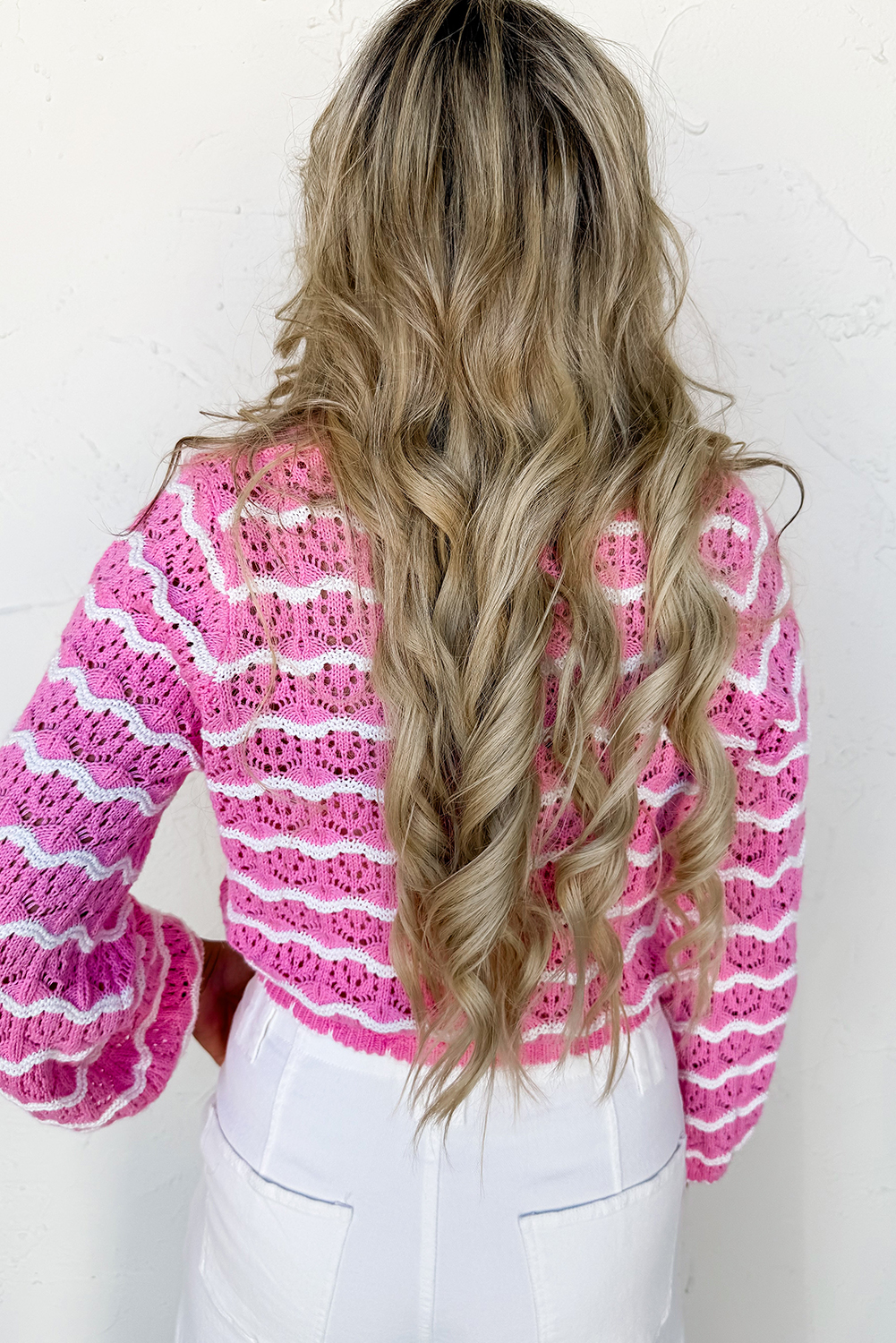 Pink Stripe Crochet Scalloped Trim Lace-up Front Cropped Cardigan - loveforevers